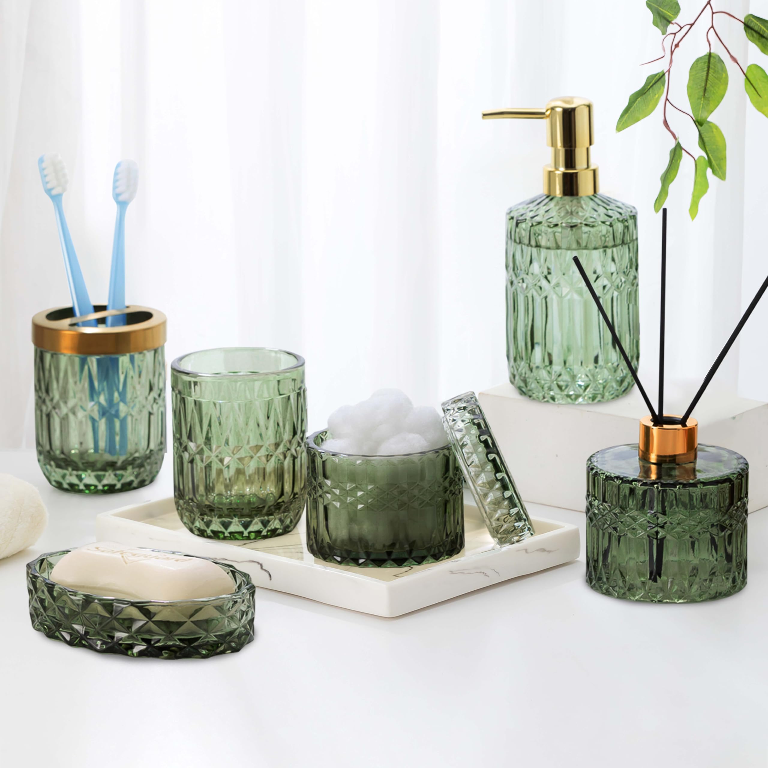 HJ 5PCS Gold Glass Bathroom Accessories Set,4mm Heavy-Duty Glass&Wood Bathroom Decor (Lotion Soap Dispenser,Aromatherapy Bottle,Soap Dish,Toothbrush Holder,Tumbler) Crystal Vintage Gift