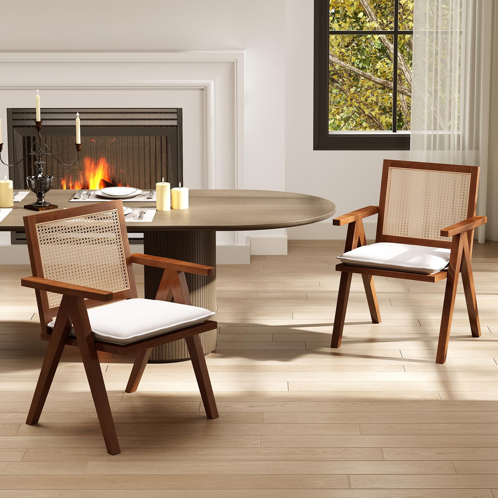 Rattan Dining Chairs Set of 4, Mid Century Modern Dining Room Chairs Wicker Armchair Comfy Side Chair Black Wood Boho Kitchen Cane Side Chairs with Arms for Dining Room Bistro