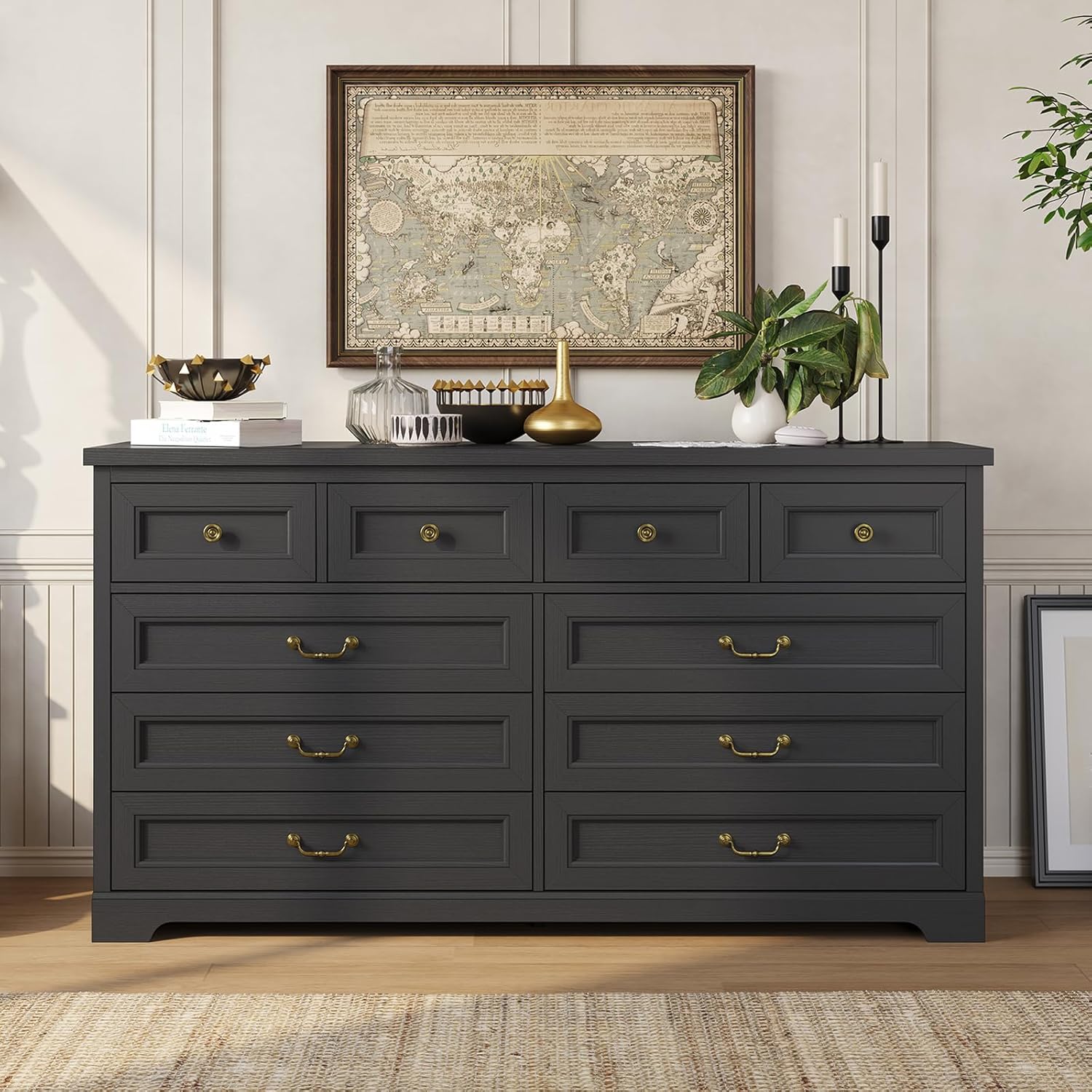 Hasuit Farmhouse 10 Drawer Dresser for Bedroom, 55.1" Wide Dressers Chest of Drawers, Rustic Wood Storage Cabinet with Deep Drawers and Vintage Handle, Large Black Dresser for Bedroom, Closet, Hallway