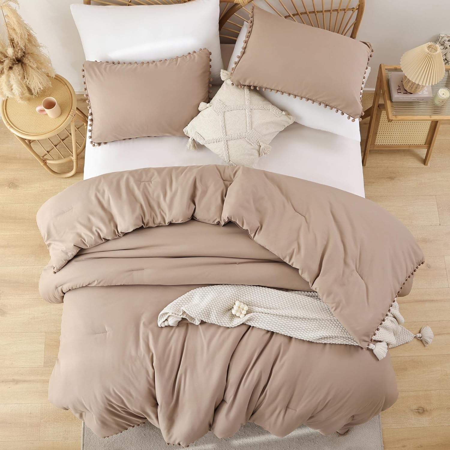 YIRDDEO Queen Comforter Set - Comforter Queen Size Sets with Ball Pom Fringe, Soft Bedding Set for All Seasons - 3 Pieces, 1 Comforter (90"x90") & 2 Pillow Shams (20"x26"), Taupe
