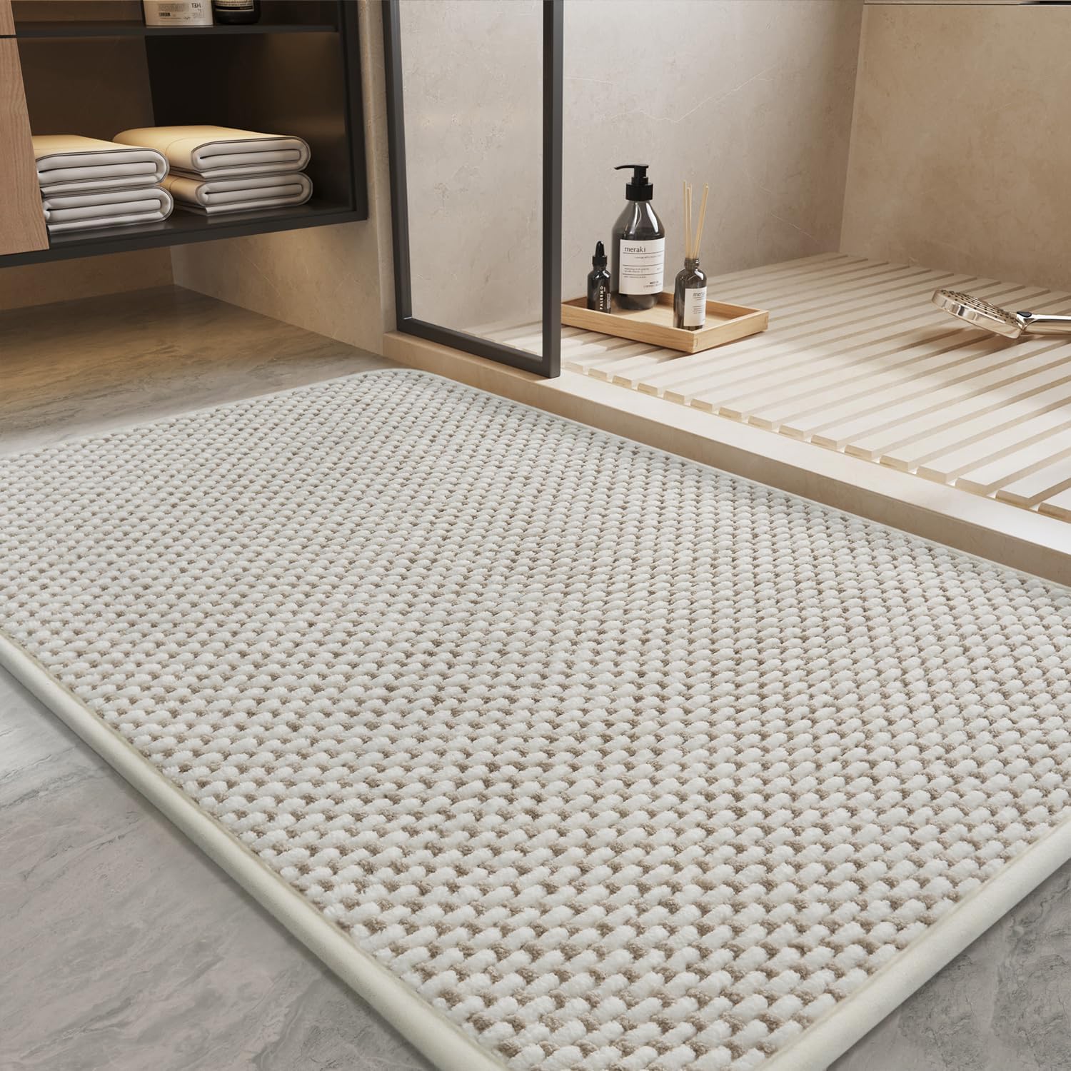 PADOOR-Bath Mat-Super Absorbent Chenille Bathroom Mats-Rubber Backed Bath Mats for Bathroom Non Slip, Machine Washable Bathroom Rugs Front of Bathtub,Shower Room,Sink-17×28, Beige&Cream