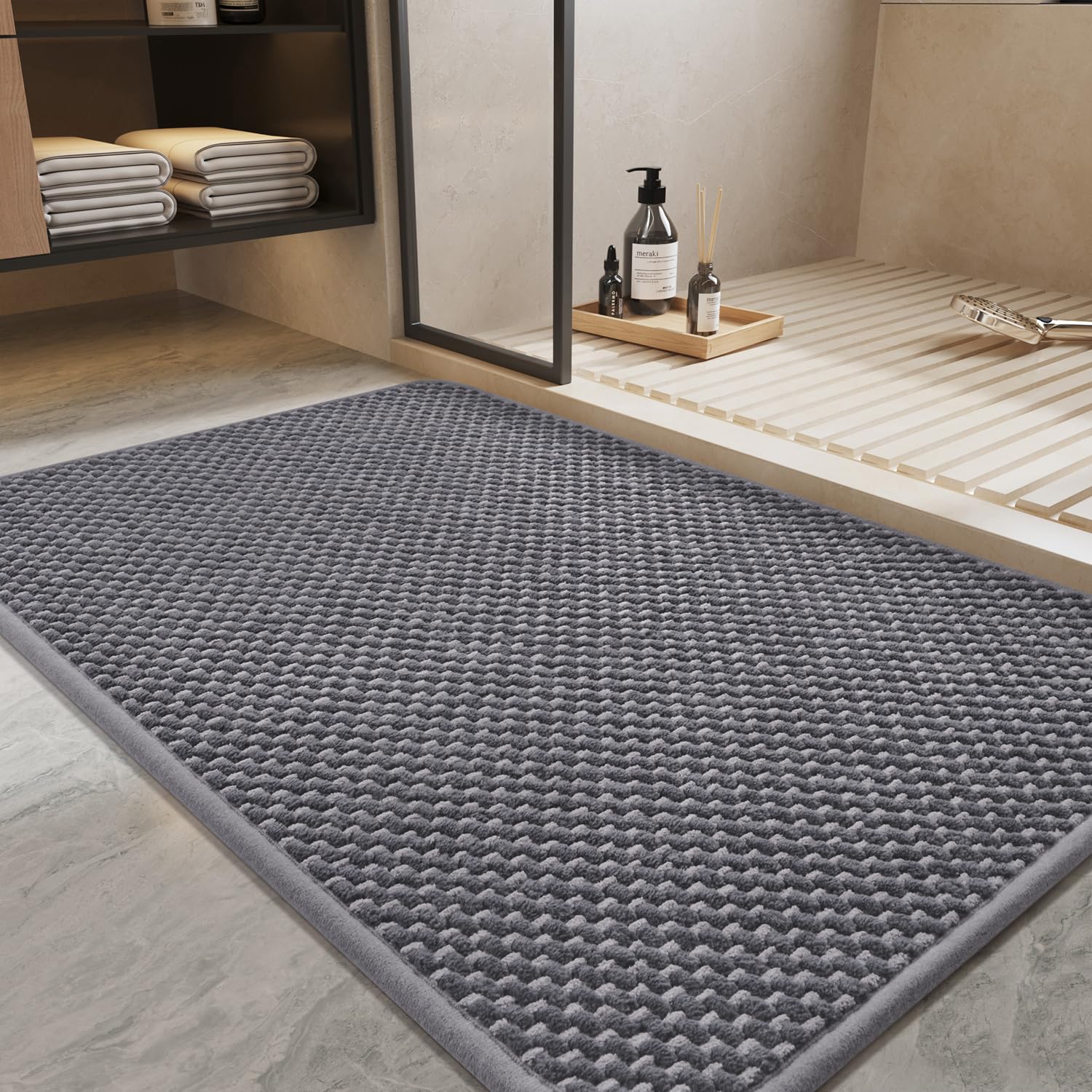 PADOOR-Bath Mat-Super Absorbent Chenille Bathroom Mats-Rubber Backed Bath Mats for Bathroom Non Slip, Machine Washable Bathroom Rugs Front of Bathtub,Shower Room,Sink-17×28, Beige&Cream