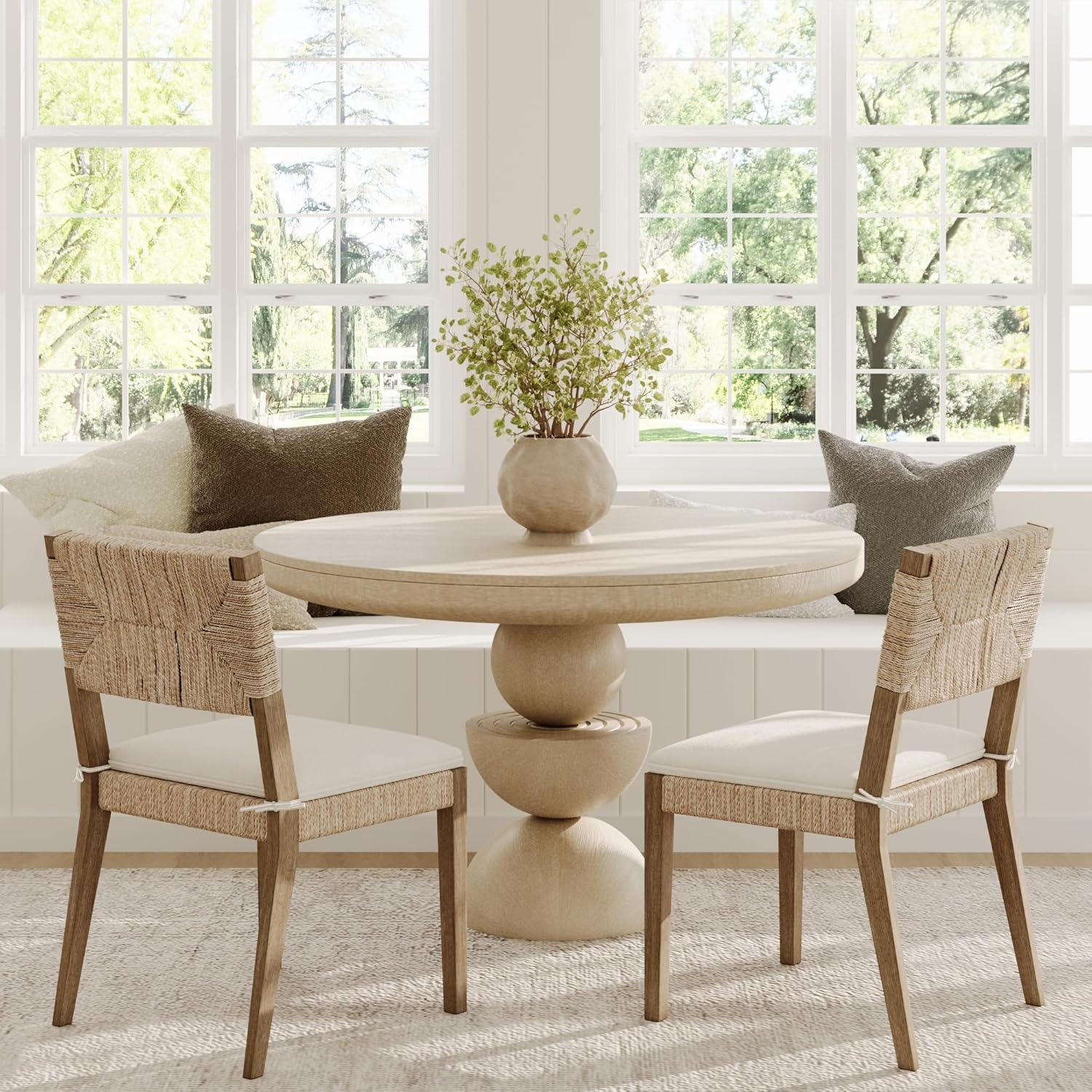 Nathan James Beacon Boho Dining Chair, Boucle Dining Chair with Seagrass Accent and Solid Wood Legs, Cream Boucle/Light Brown