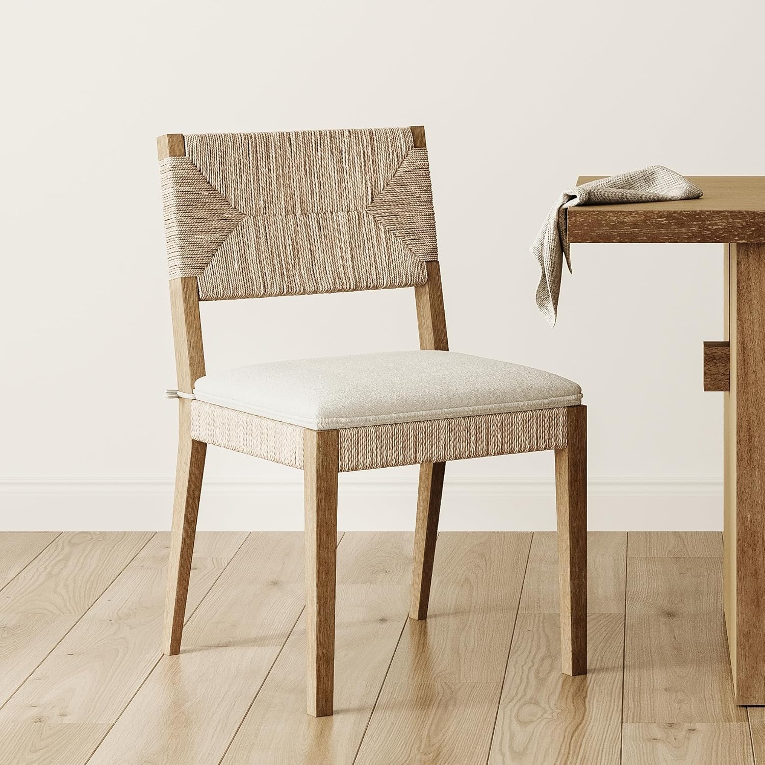 Nathan James Beacon Boho Dining Chair, Boucle Dining Chair with Seagrass Accent and Solid Wood Legs, Cream Boucle/Light Brown