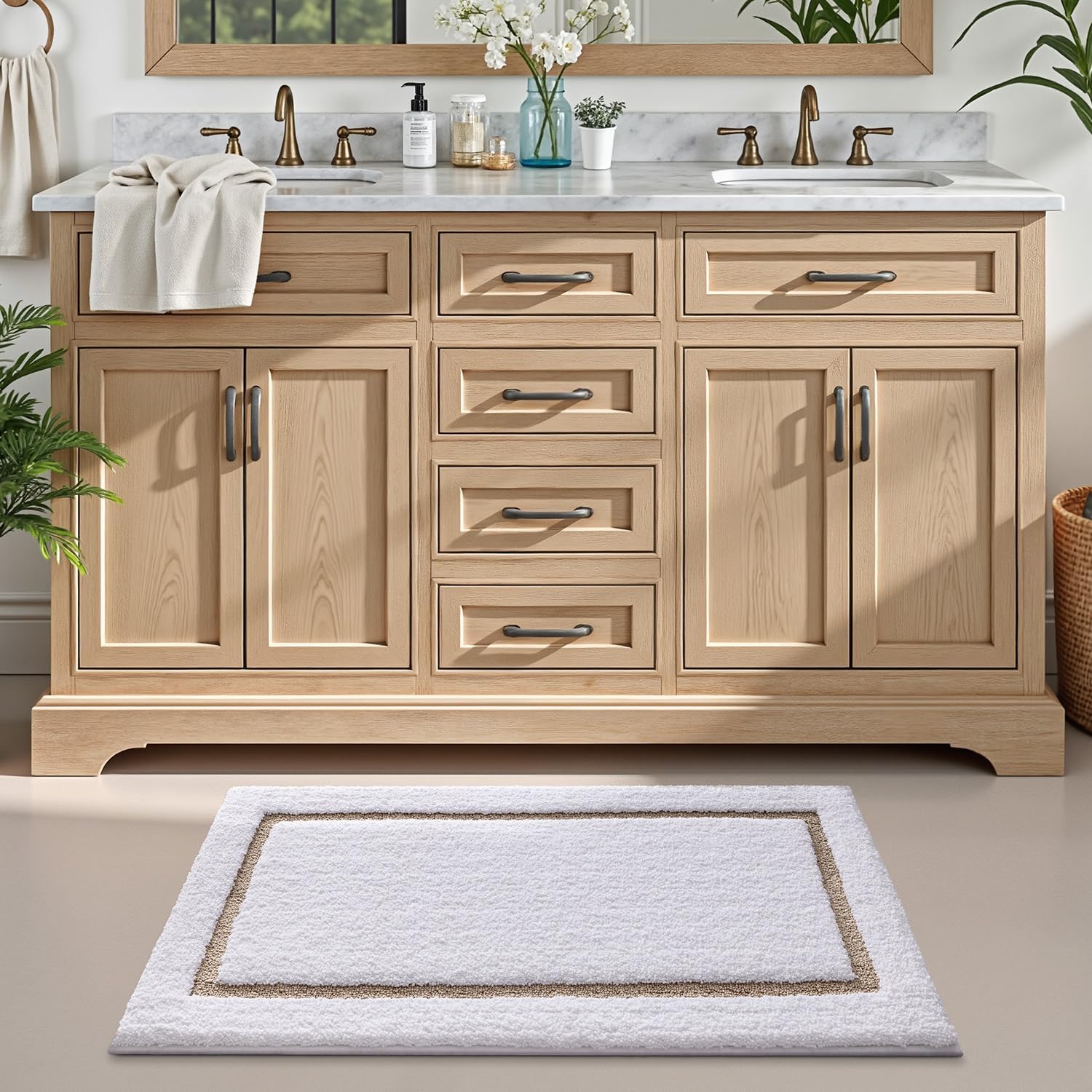 LUMI White Bath Mats for Bathroom, Non Slip Absorbent Soft Bath Rug, Fluffy Washable Classic Bathroom Rugs, Ideal for Floor, Shower Tub, Entryway, 24"x36", White and Beige