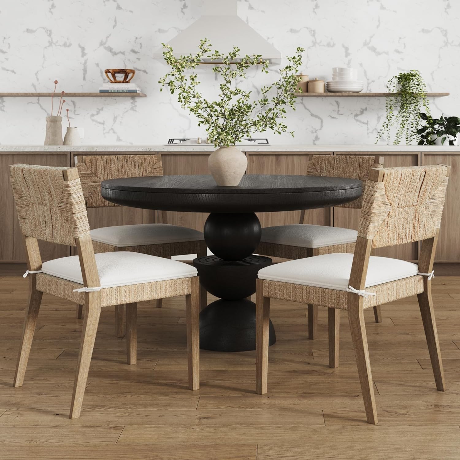 Nathan James Beacon Boho Dining Chair, Boucle Dining Chair with Seagrass Accent and Solid Wood Legs, Cream Boucle/Light Brown