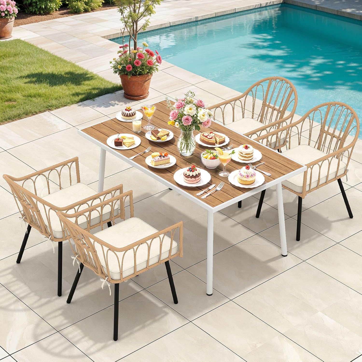 YITAHOME Outdoor Patio Dining Set 5pcs 59" Outdoor Table and Chairs Patio Dining Furniture Sets for 4/6 with Umbrella Hole Outdoor Dining Table Set for Garden Lawn Porch Indoor Beige
