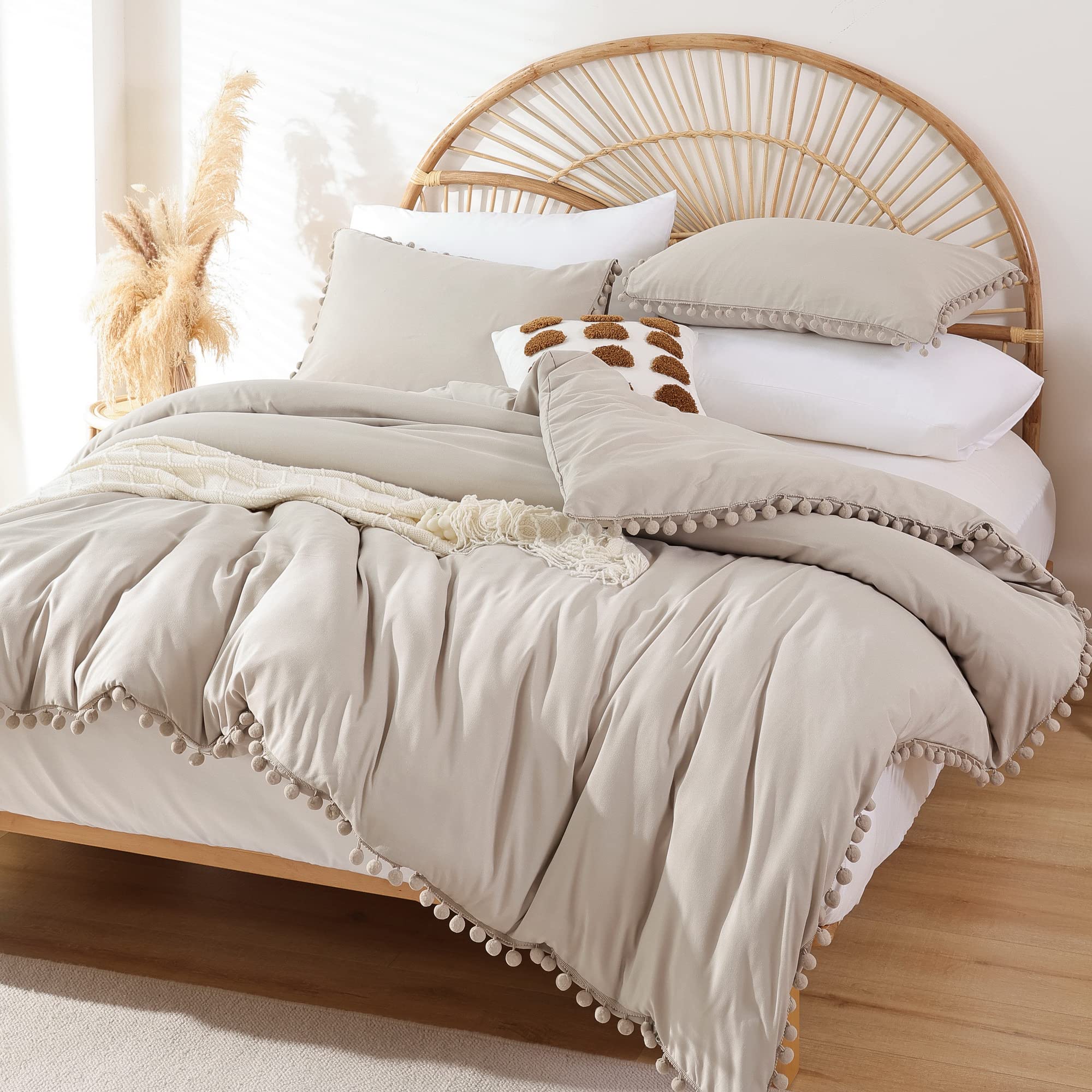 YIRDDEO Queen Comforter Set - Comforter Queen Size Sets with Ball Pom Fringe, Soft Bedding Set for All Seasons - 3 Pieces, 1 Comforter (90"x90") & 2 Pillow Shams (20"x26"), Taupe