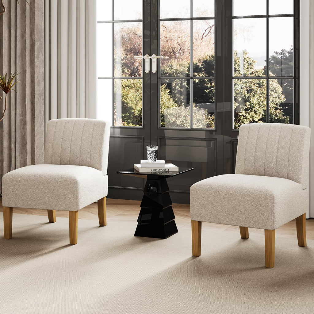 Armless Accent Chairs Set of 2 - Modern Slipper Chairs for Living Room, Solid Wood Legs, Comfy Upholstered Fabric in Black