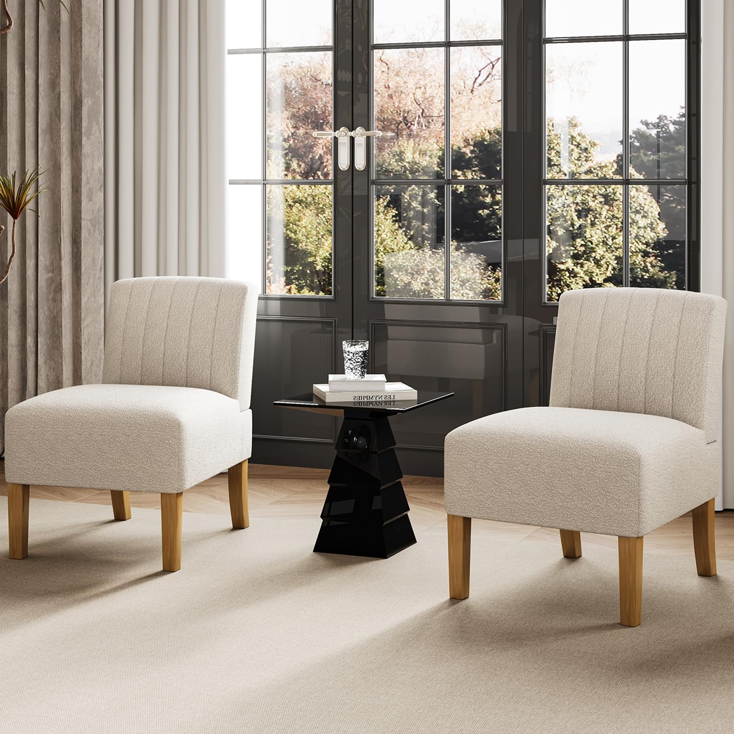 Armless Accent Chairs Set of 2 - Modern Slipper Chairs for Living Room, Solid Wood Legs, Comfy Upholstered Fabric in Black