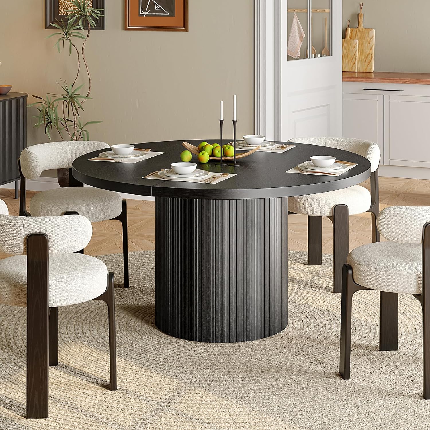 47 inch Round Dining Table for 4, Circle Kitchen Table with Wood Strip Base, Modern Farmhouse Dinner Tables for Kitchen, Living Room (Black)