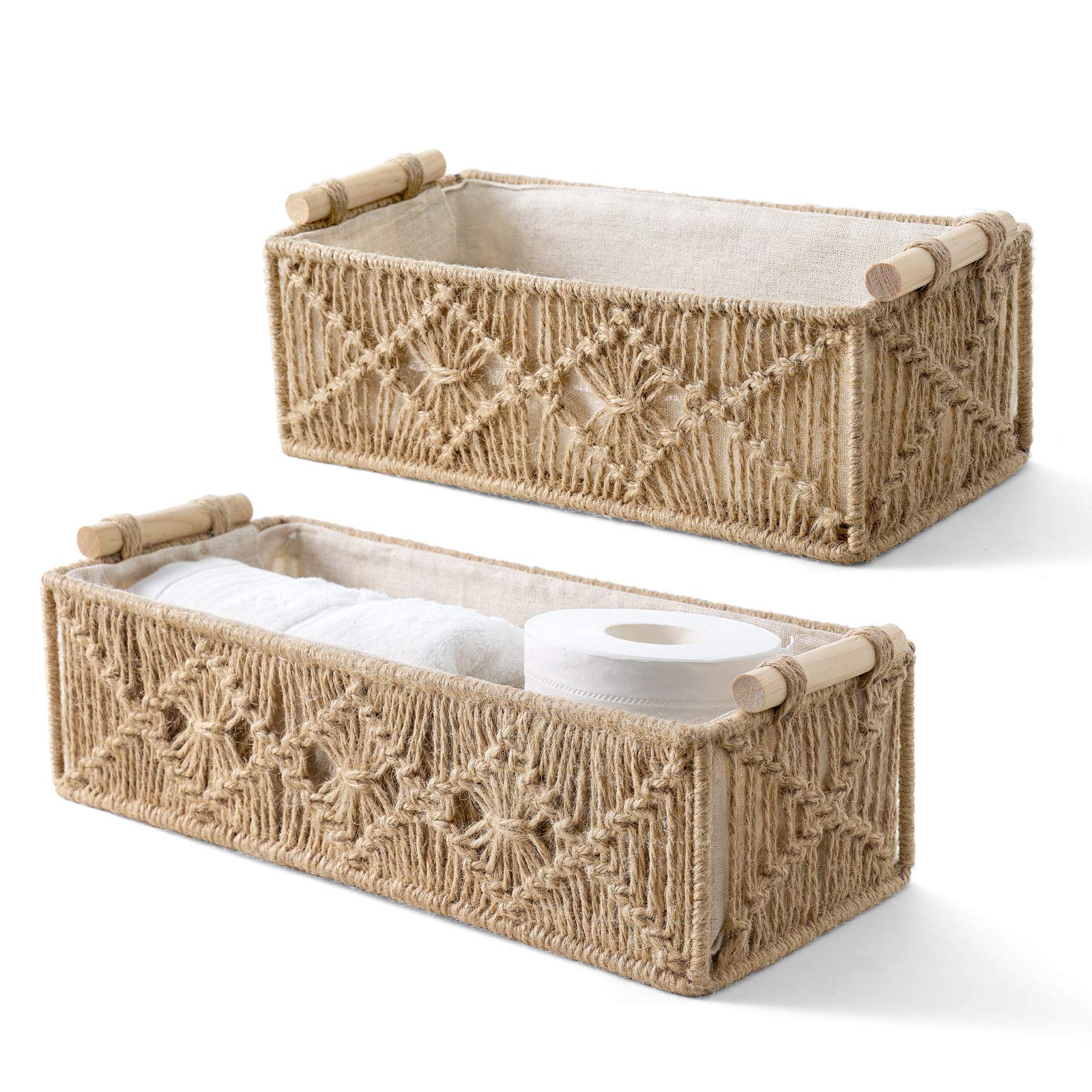 Mkono Macrame Storage Baskets Boho Decor Box Handmade Woven Decorative Countertop Toilet Tank Shelf Cabinet Organizer for Bedroom Livingroom Home, Set of 2, Ivory