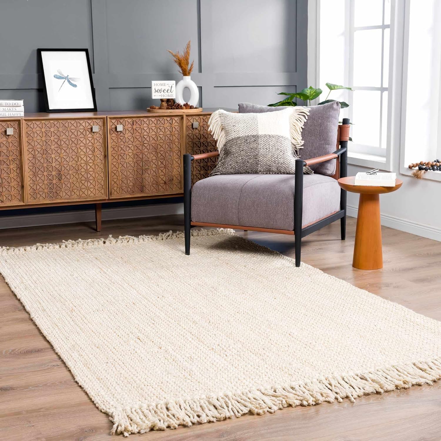 Hauteloom Senneterre Handwoven Solid Sea Grass Bleached Jute Rug - Natural Fiber Area Rug - Natural Fringe Tassel - Rattan Wicker Look Carpet - Beige, Cream - 4' x 6'