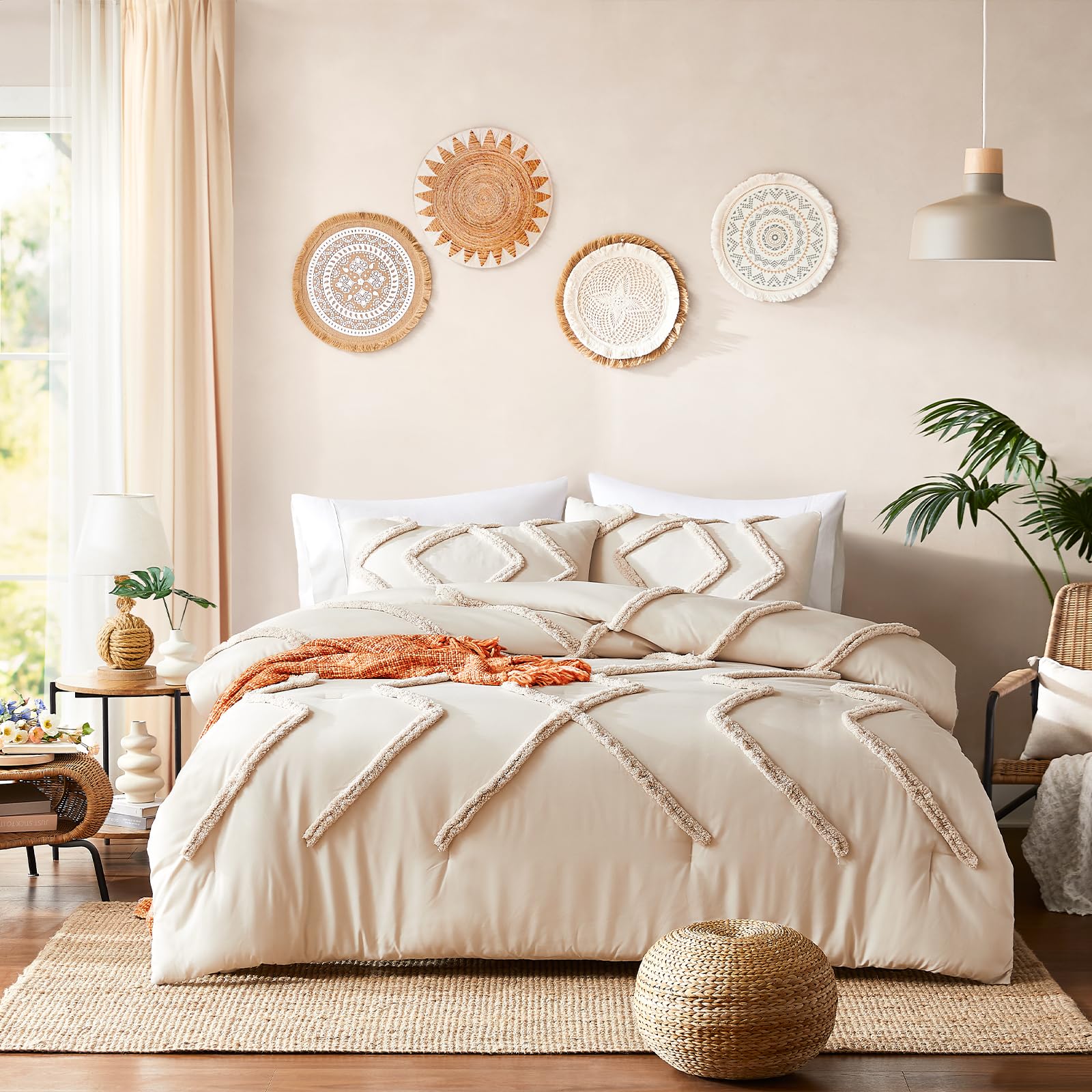 Cupocupa Queen Comforter Set White Comforters Queen Size Sets Boho Tufted Shabby Chic Vintage Farmhouse Bedding Set Soft Fluffy Lightweight Comforter with 2 Pillow Cases for All Season