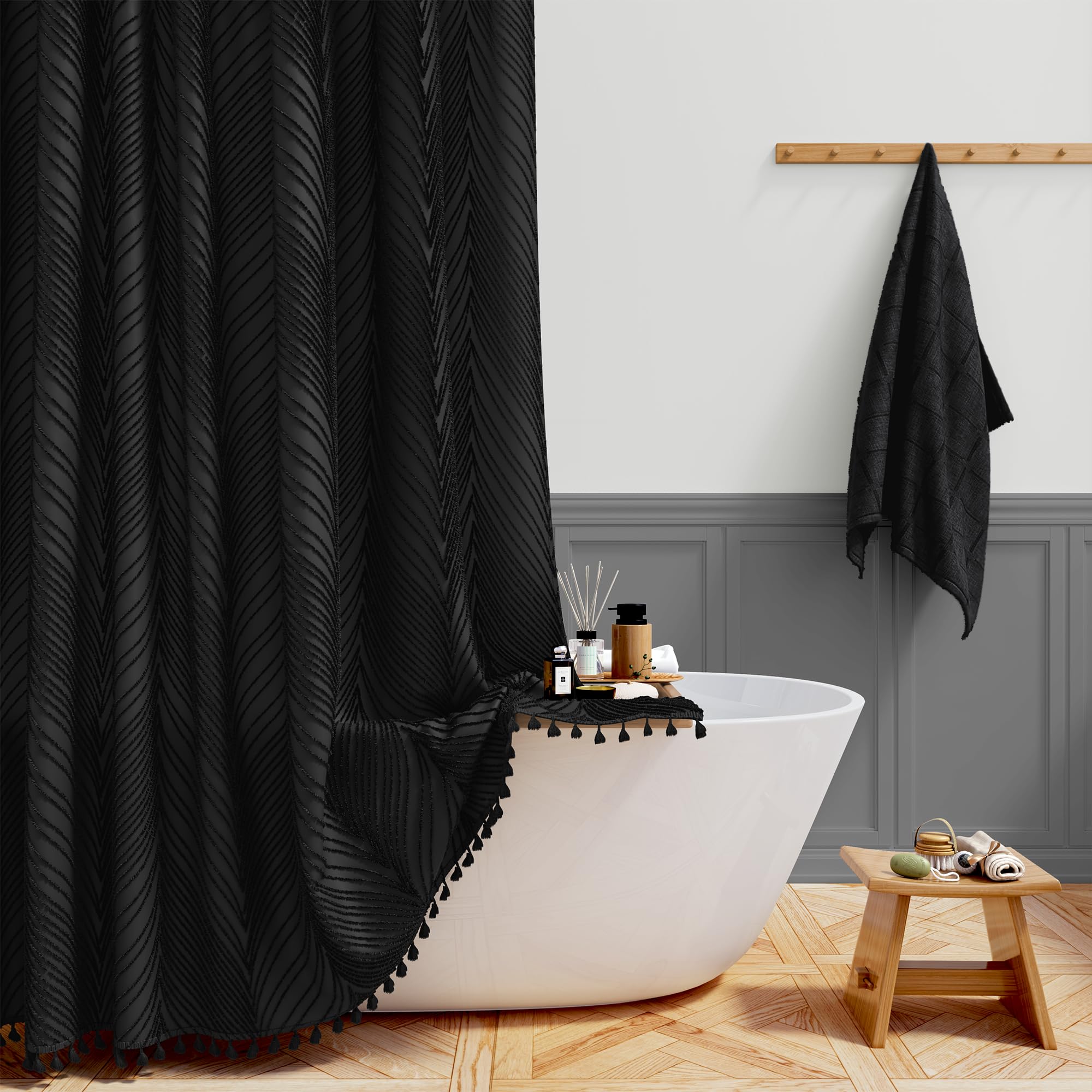 BTTN Stall Boho Shower Curtain - 36x72 Narrow Tufted Leaves Textured Striped Tassel Shower Curtain Set with 6 Hook, Water Repellent, Modern Farmhouse Vintage Fabric Shower Curtains for bathroom, White