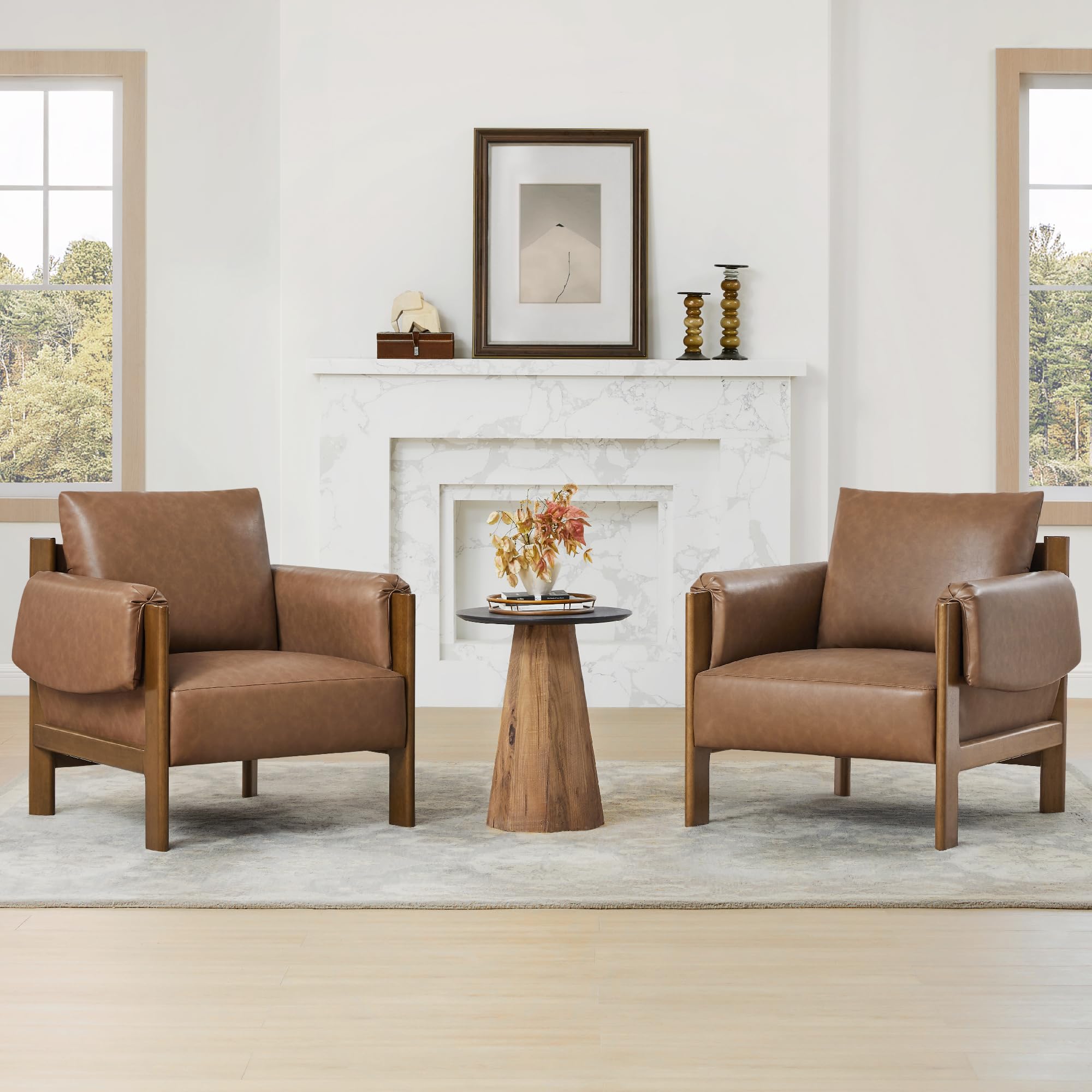 CHITA Accent Chair Set of 2, Mid Century Modern Fabric Upholstery Armchair for Living Room, Solid Wood Frame, Fabric in Linen