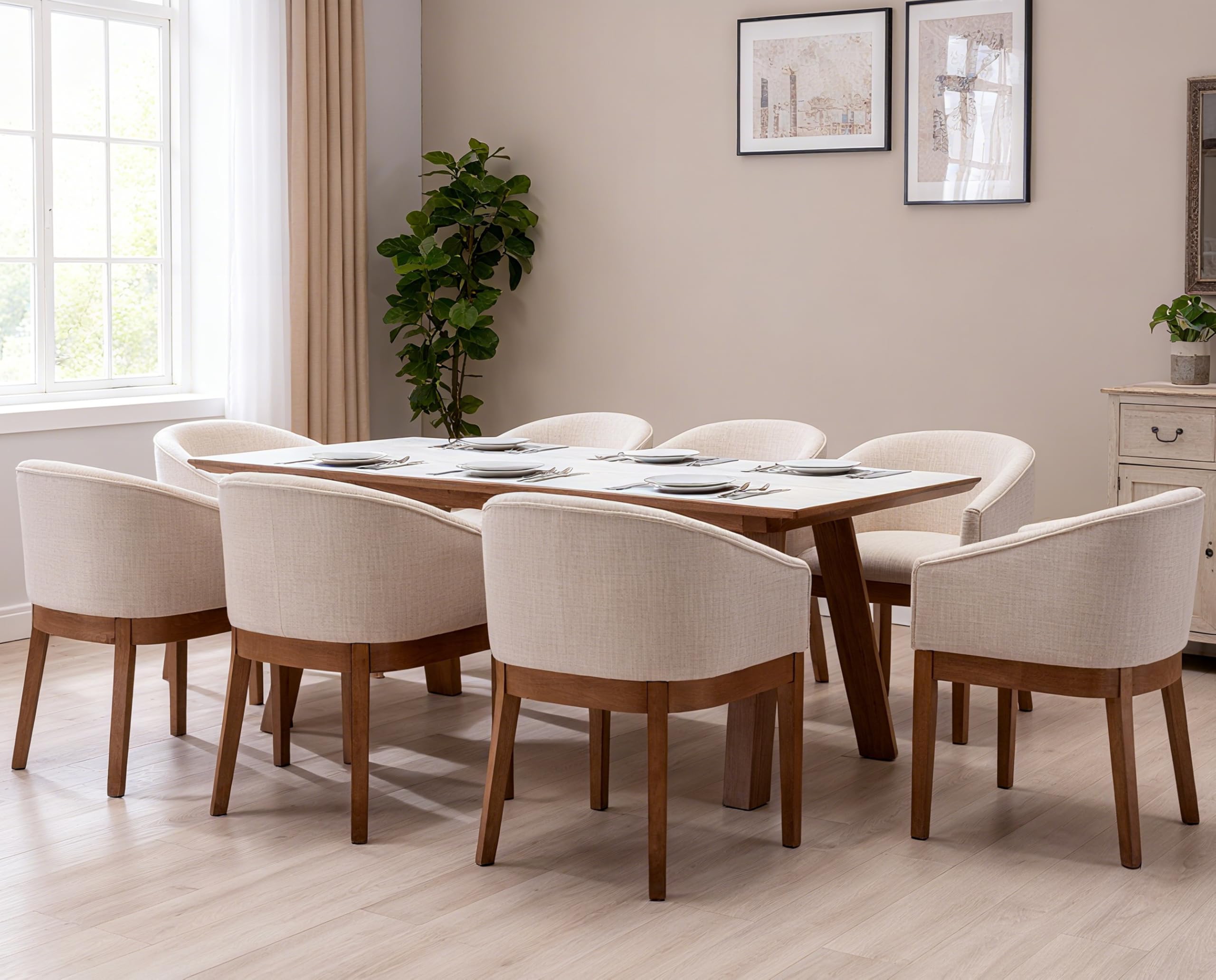 Beige Mid Century Modern Dining Chairs Set of 4, Farmhouse Linen Upholstered Accent Curved Backrest Kitchen Chairs Armchairs with Natural Wood Legs, Beige