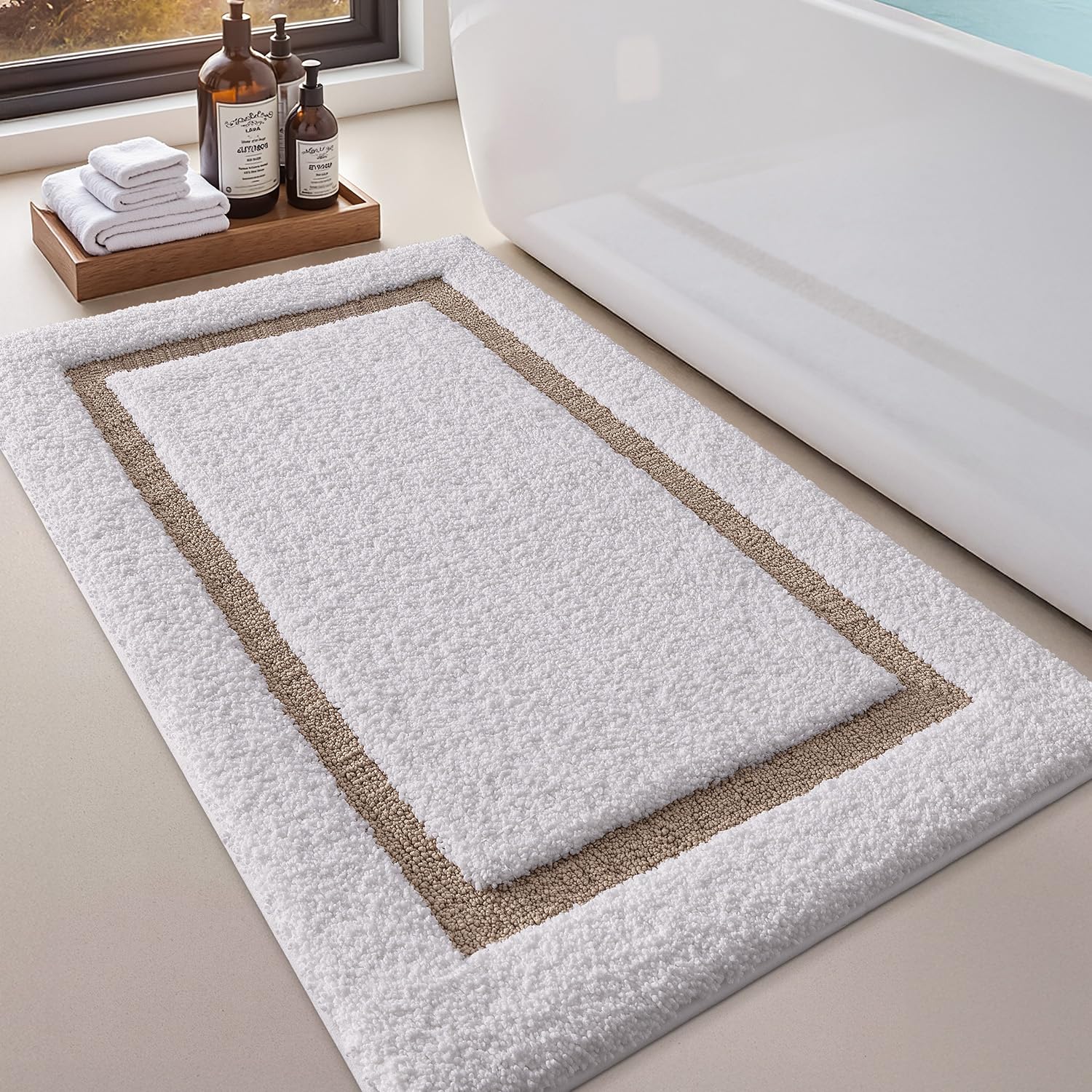LUMI White Bath Mats for Bathroom, Non Slip Absorbent Soft Bath Rug, Fluffy Washable Classic Bathroom Rugs, Ideal for Floor, Shower Tub, Entryway, 24"x36", White and Beige