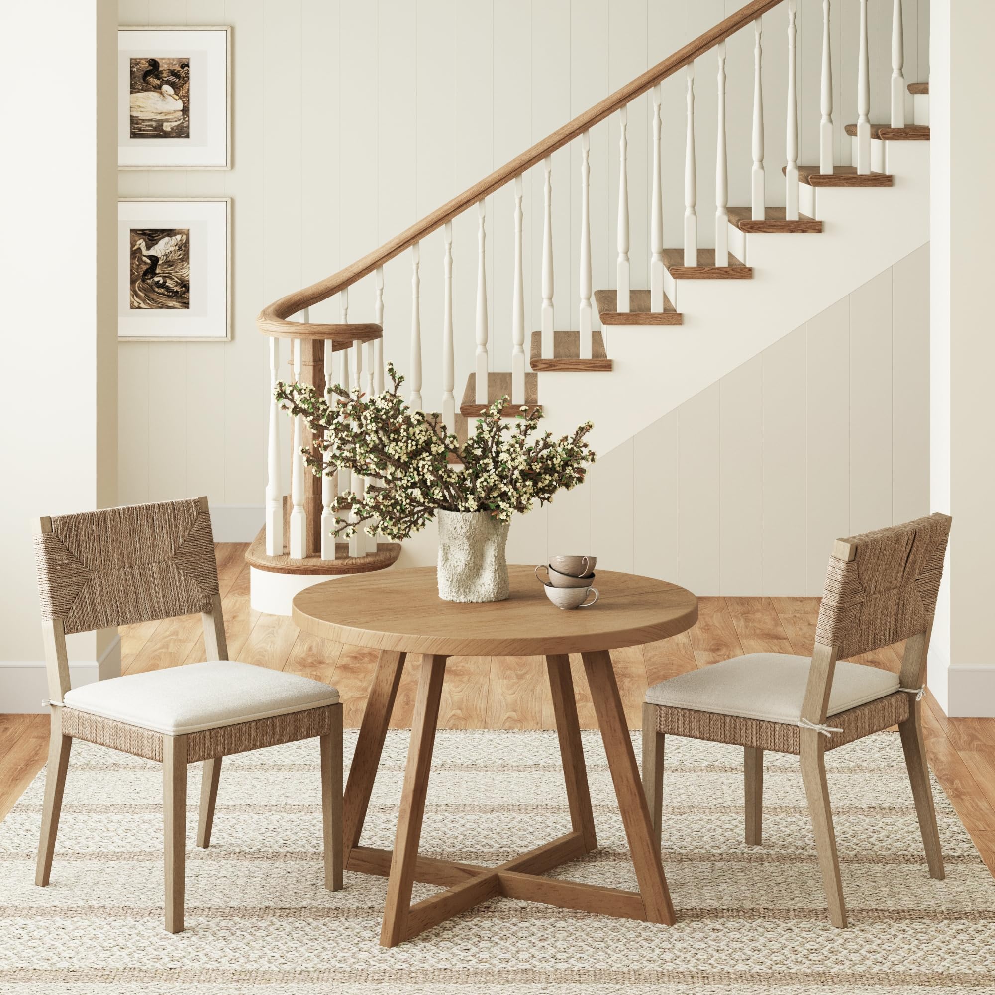 Nathan James Beacon Boho Dining Chair, Boucle Dining Chair with Seagrass Accent and Solid Wood Legs, Cream Boucle/Light Brown