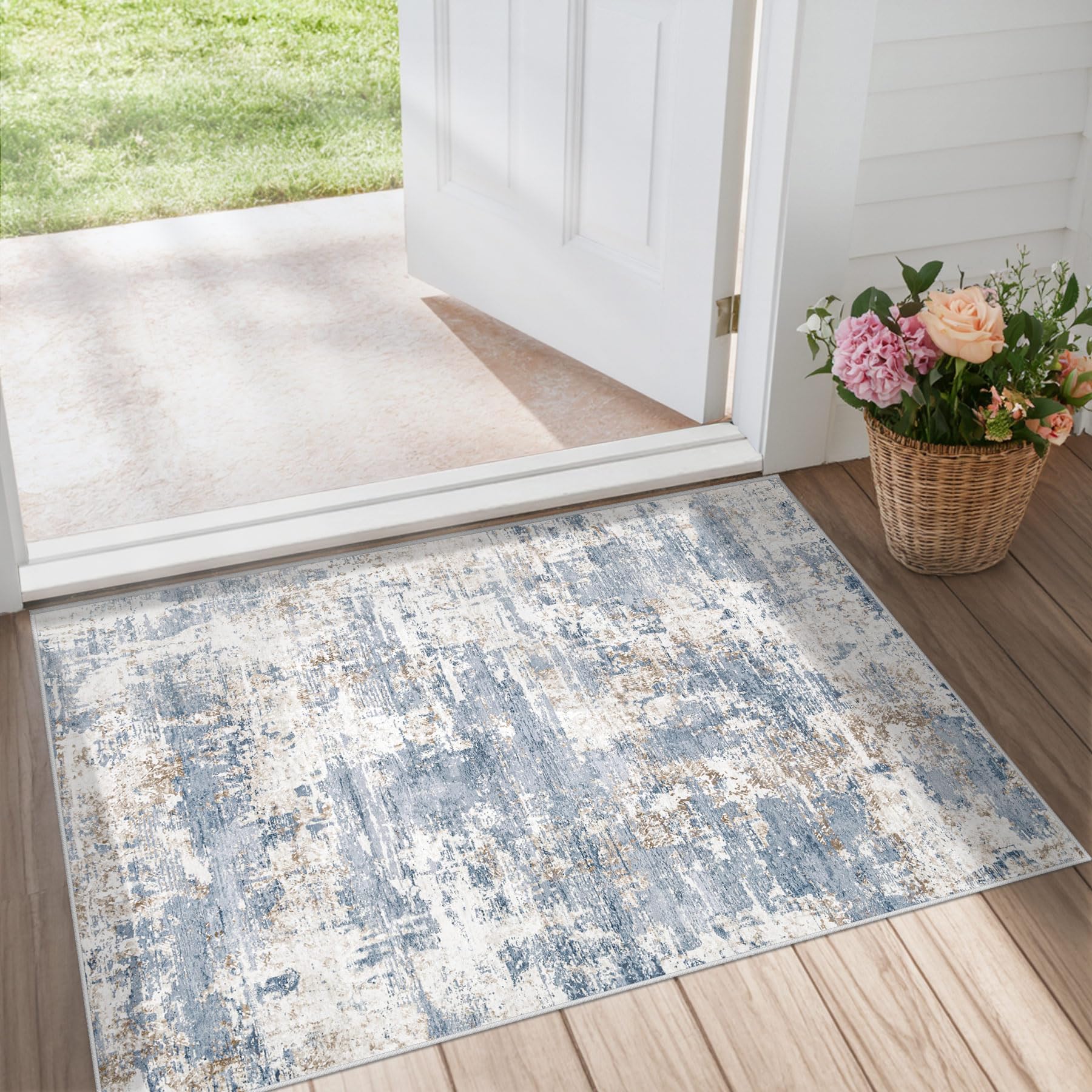 8x10 Area Rugs for Living Room, Washable Modern Abstract Large Area Rug Neutral Soft Non Slip Kids Rug Stain Resistant Indoor Carpet for Bedroom Nursery Dining Room Playroom Home Office(Blue, 8'x10')