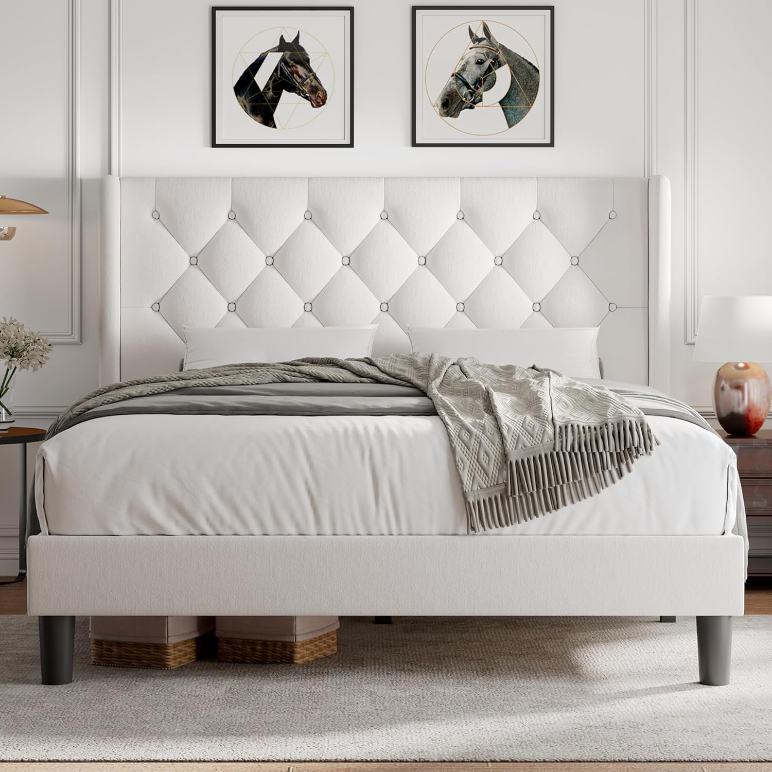 iPormis Full Size Velvet Platform Bed Frame with Button Tufted Headboard, Upholstered Bed Frame with Solid Wooden Slats, 8" Underbed Space, No Box Spring Needed, Noise Free, Easy Assembly, White