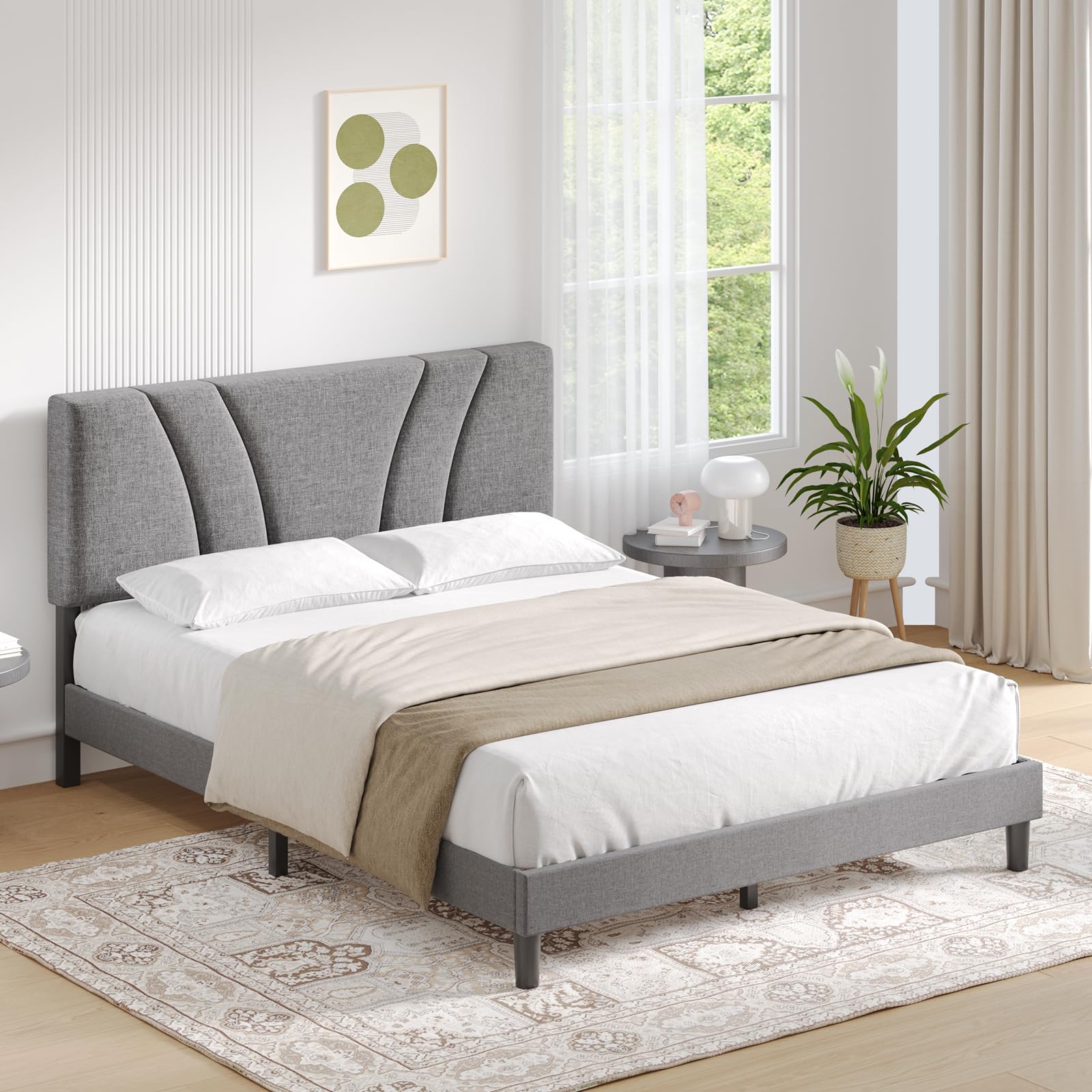 Novilla King Bed Frame and Headboard, Linen Upholstered King Size Bed Frame with Wood Slats Support, No Box Spring Needed, Heavy Duty Feet, Easy Assembly, Grey