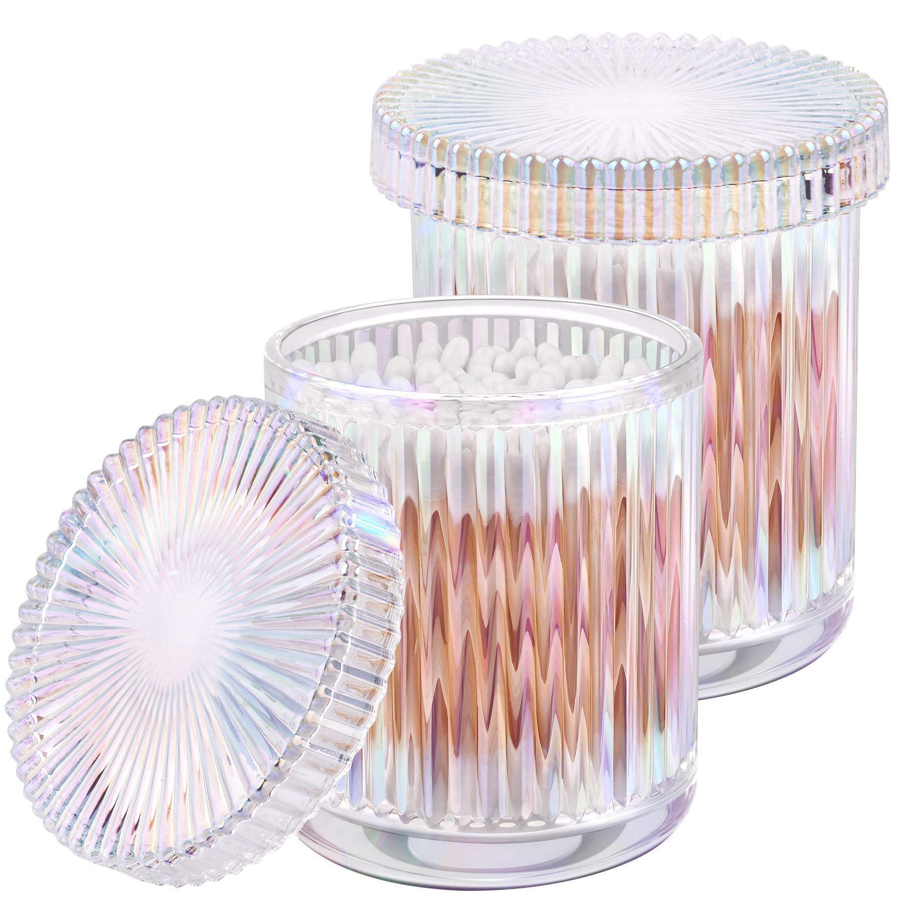 2 Pack Glass Qtip Holder Dispenser Set - Bathroom Organizer for Cotton Swabs, Balls, Pads, Floss Picks - Clear Apothecary Jars for Vanity, Makeup Storage, Bathroom Accessories Decor (Amber)