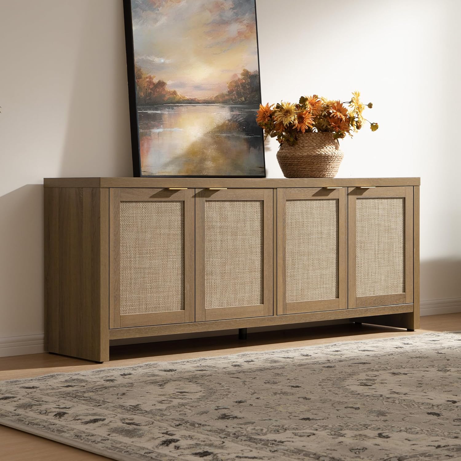 SICOTAS TV Stand for Living Room Rattan Entertainment Center for Bedroom with 4 Rattan Cabinets Farmhouse Television Stands with Storage Large Media Console Table for TVs up to 50 55 60 65 Inch
