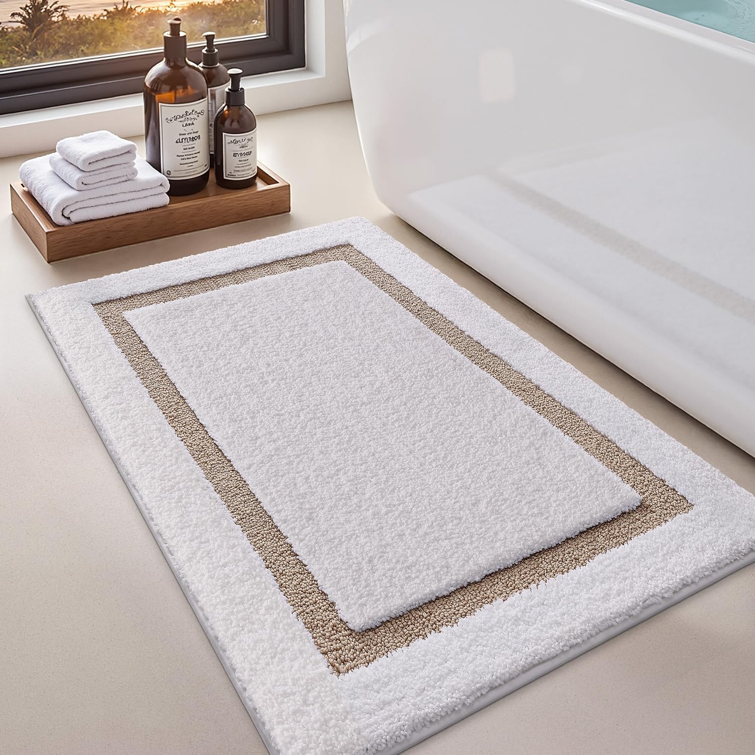 LUMI White Bath Mats for Bathroom, Non Slip Absorbent Soft Bath Rug, Fluffy Washable Classic Bathroom Rugs, Ideal for Floor, Shower Tub, Entryway, 24"x36", White and Beige