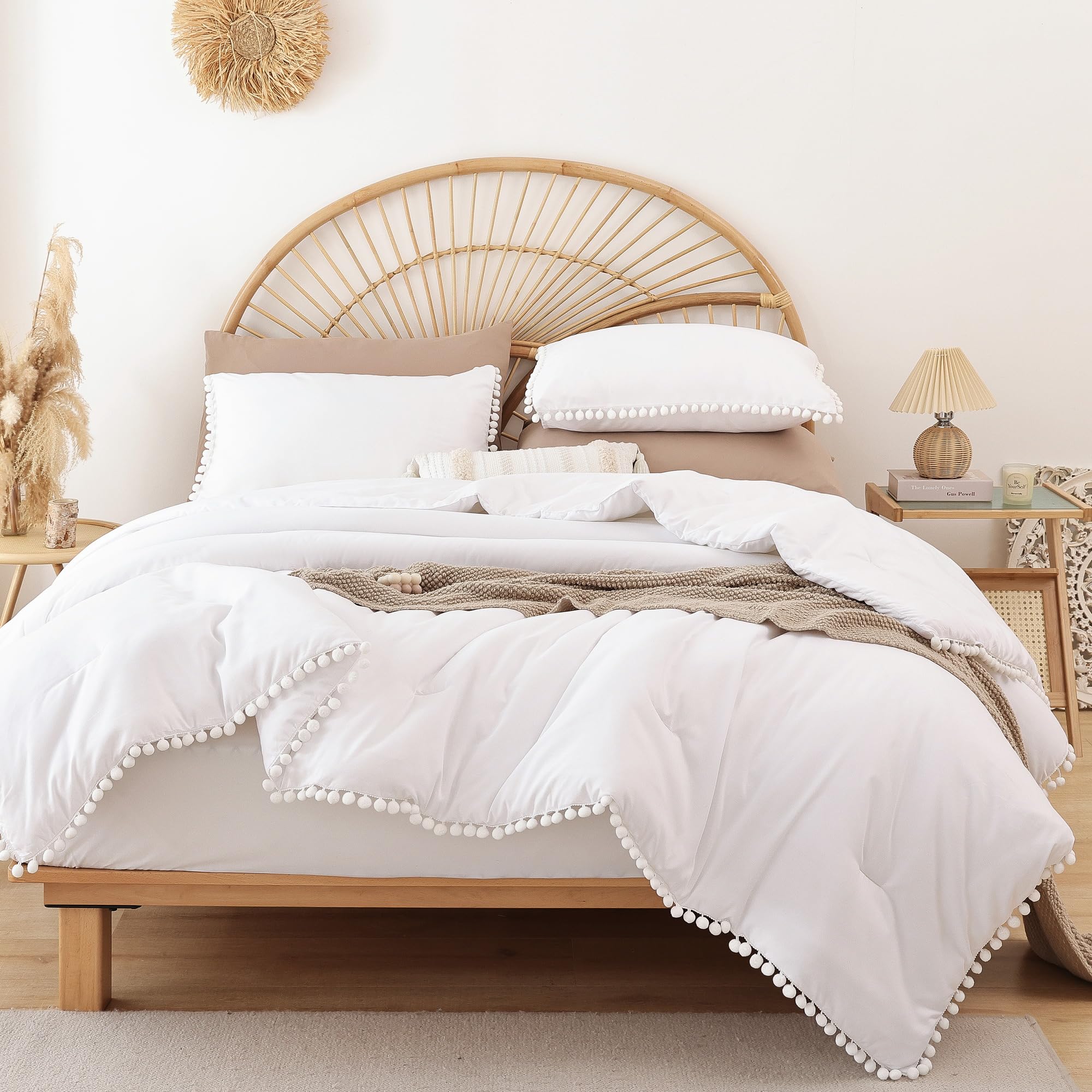 YIRDDEO Queen Comforter Set - Comforter Queen Size Sets with Ball Pom Fringe, Soft Bedding Set for All Seasons - 3 Pieces, 1 Comforter (90"x90") & 2 Pillow Shams (20"x26"), Taupe