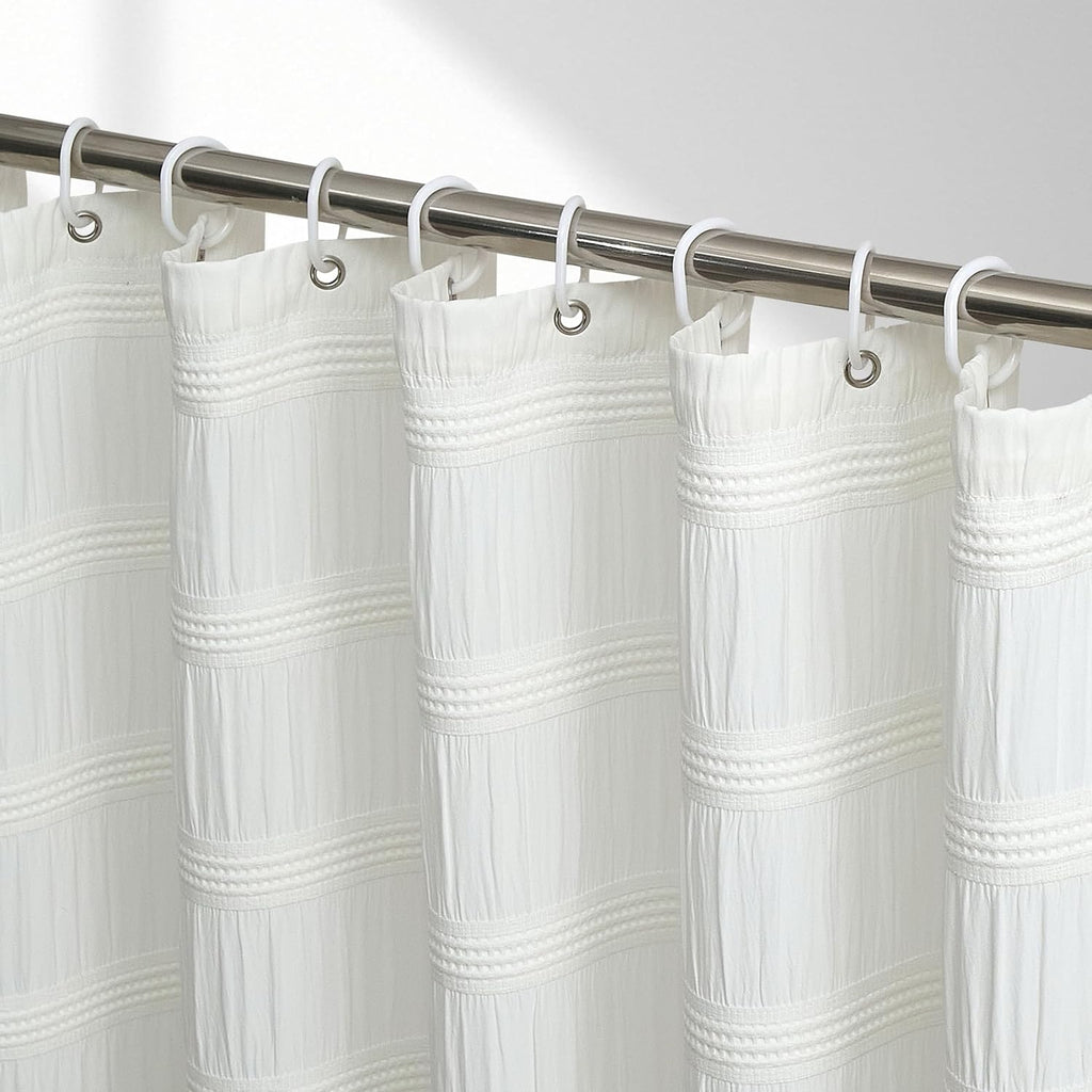 White Shower Curtain Fabric, White Textured Shower Curtain Boho Cotton Blend Striped Waffle Shower Curtains for Bathroom 72 x 72