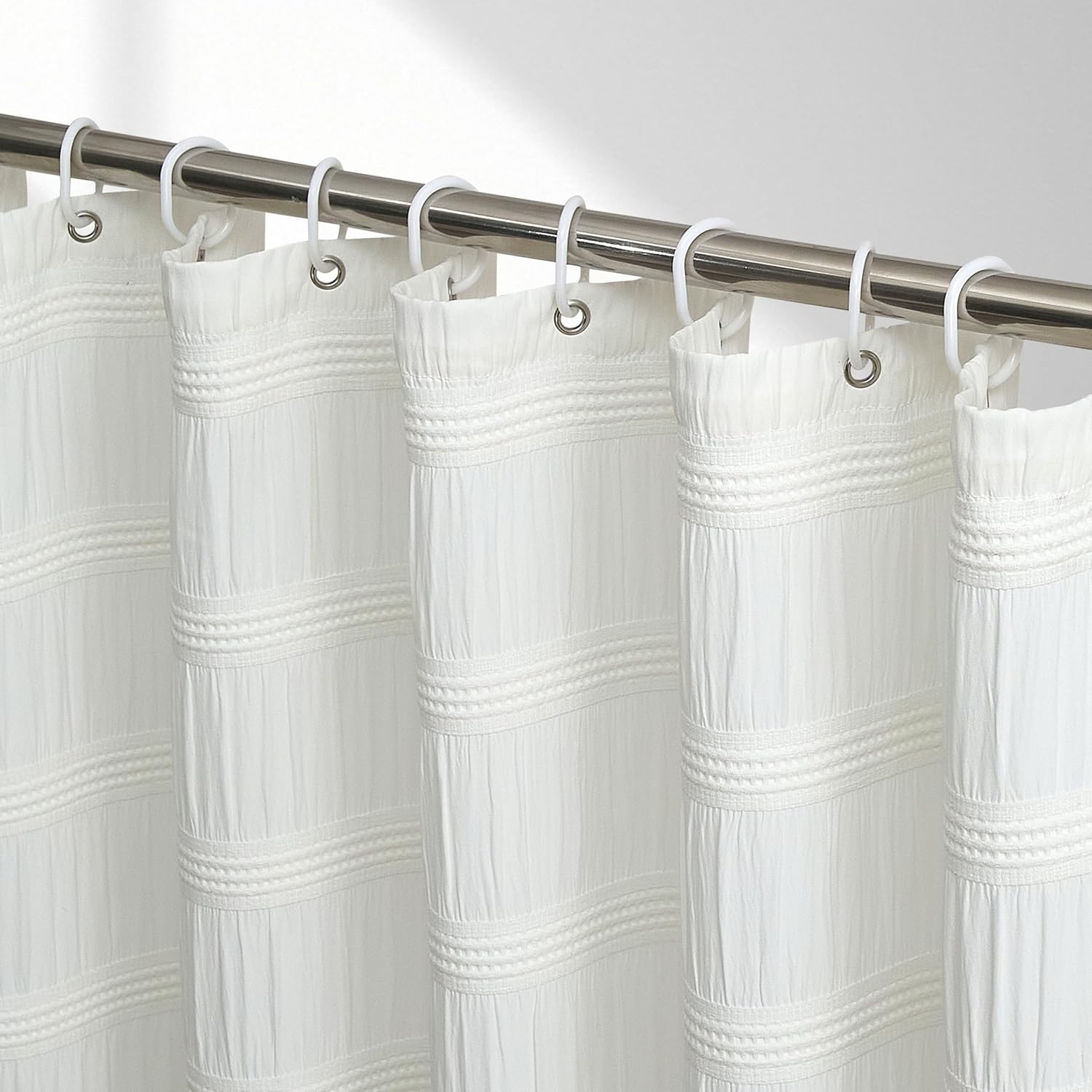 White Shower Curtain Fabric, White Textured Shower Curtain Boho Cotton Blend Striped Waffle Shower Curtains for Bathroom 72 x 72
