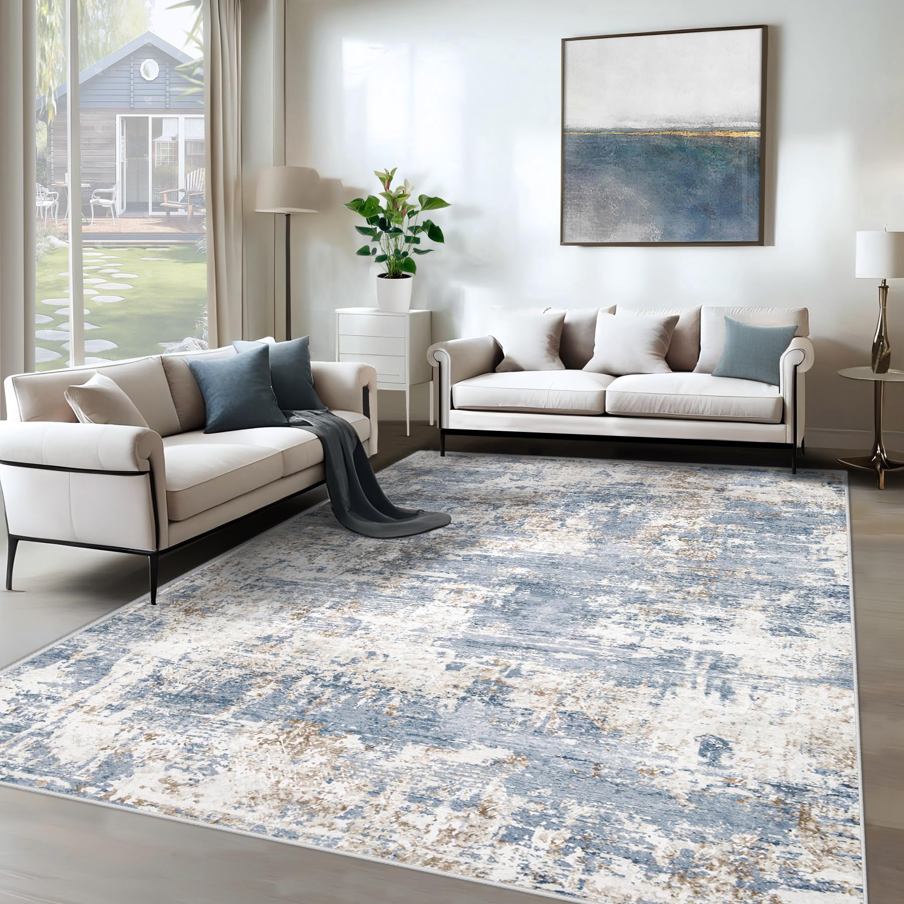 8x10 Area Rugs for Living Room, Washable Modern Abstract Large Area Rug Neutral Soft Non Slip Kids Rug Stain Resistant Indoor Carpet for Bedroom Nursery Dining Room Playroom Home Office(Blue, 8'x10')