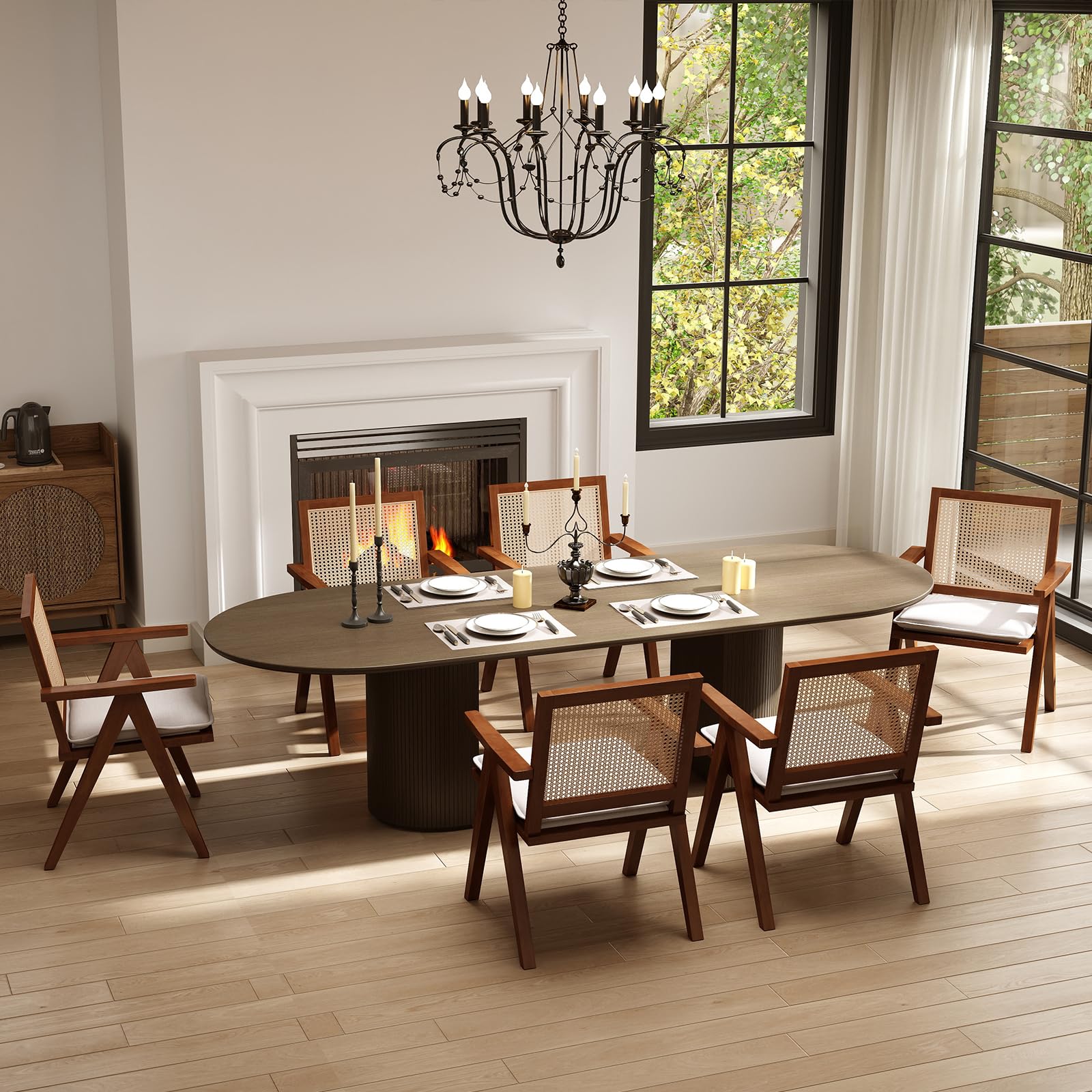 Rattan Dining Chairs Set of 4, Mid Century Modern Dining Room Chairs Wicker Armchair Comfy Side Chair Black Wood Boho Kitchen Cane Side Chairs with Arms for Dining Room Bistro