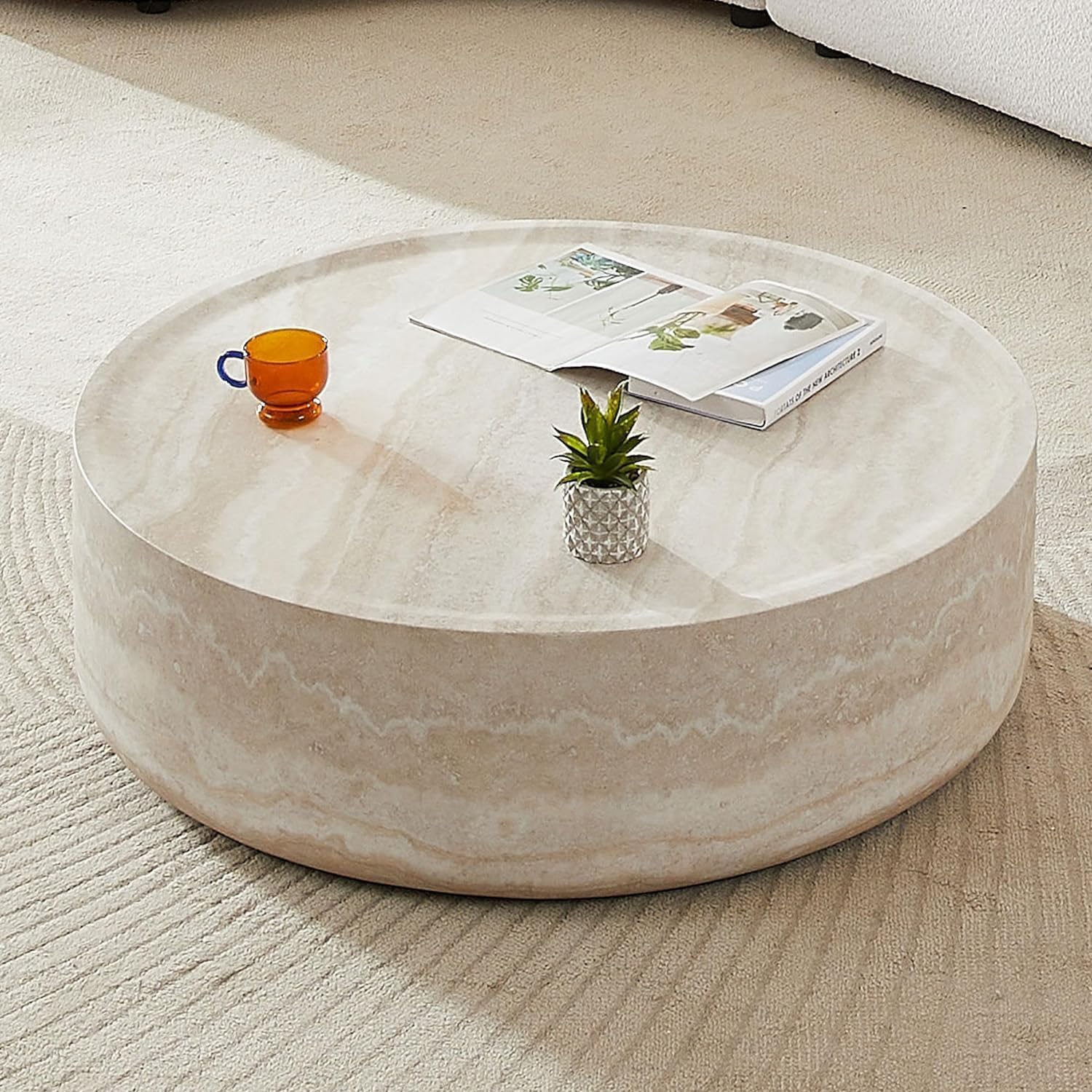 Round Coffee Table for Living Room Circle Coffee Table Modern Drum Center Table for Apartment, No Need Assembly (Fiberglass 31.49'' Mars Pattern)