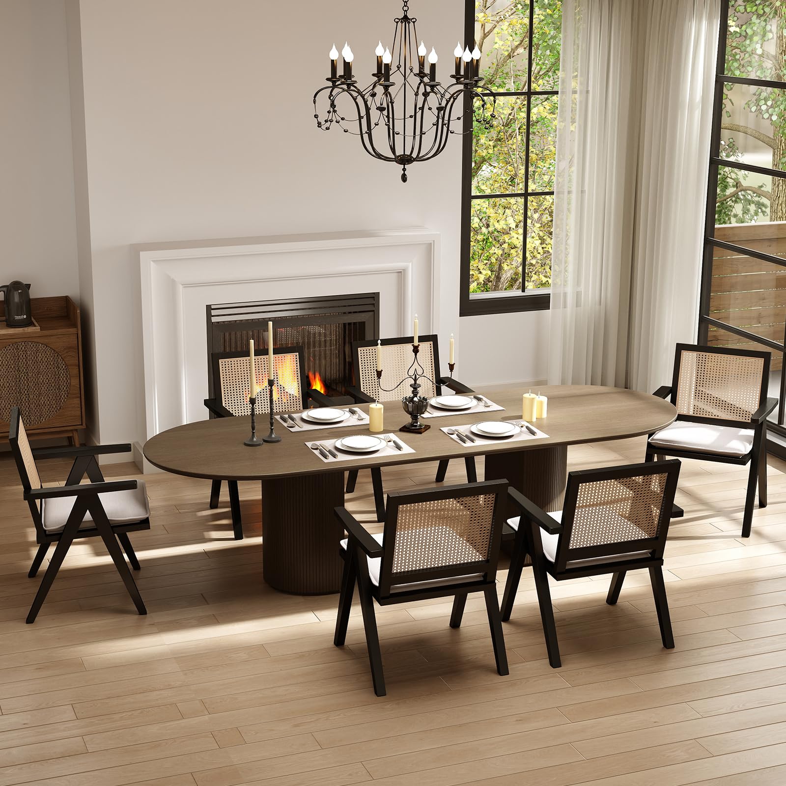 Rattan Dining Chairs Set of 4, Mid Century Modern Dining Room Chairs Wicker Armchair Comfy Side Chair Black Wood Boho Kitchen Cane Side Chairs with Arms for Dining Room Bistro