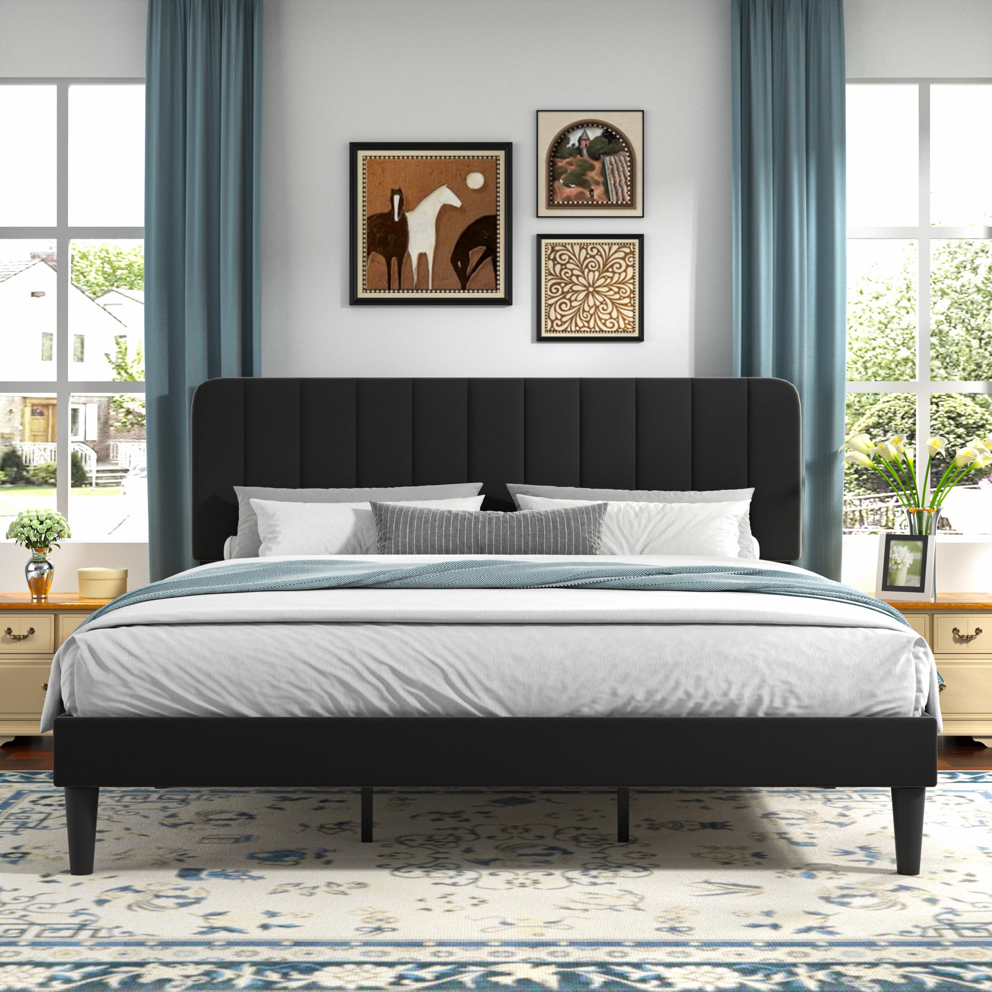VECELO Queen Size Bed Frame with Upholstered Headboard, Velvet Platform Bedframe Mattress Foundation, Strong Wood Slat Support, No Box Spring Needed,Velvet Beige