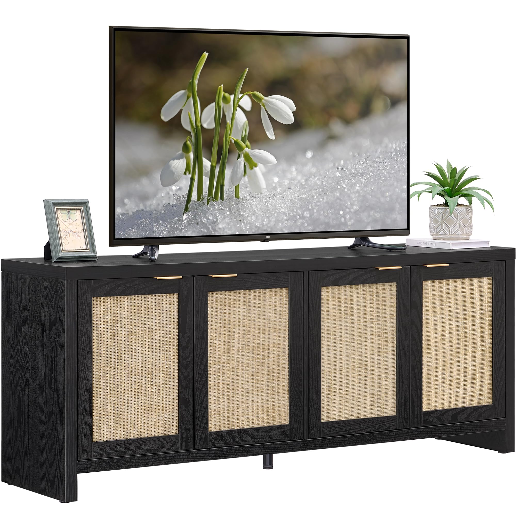 SICOTAS TV Stand for Living Room Rattan Entertainment Center for Bedroom with 4 Rattan Cabinets Farmhouse Television Stands with Storage Large Media Console Table for TVs up to 50 55 60 65 Inch