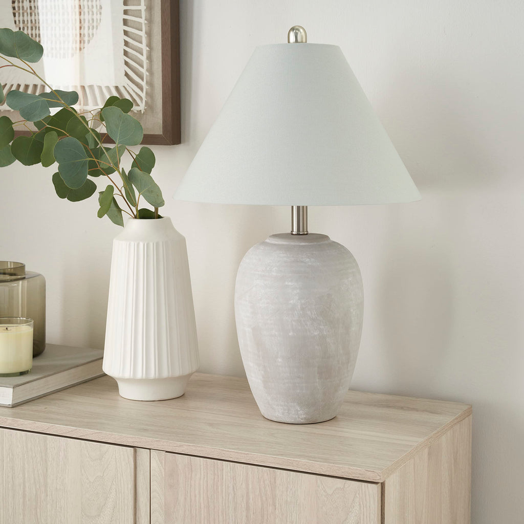 Nourison Home 23" Vintage Grey (White Washed) Ceramic Pot Table Lamp for Bedroom, Living Room, Dining, Office, with Grey Shade