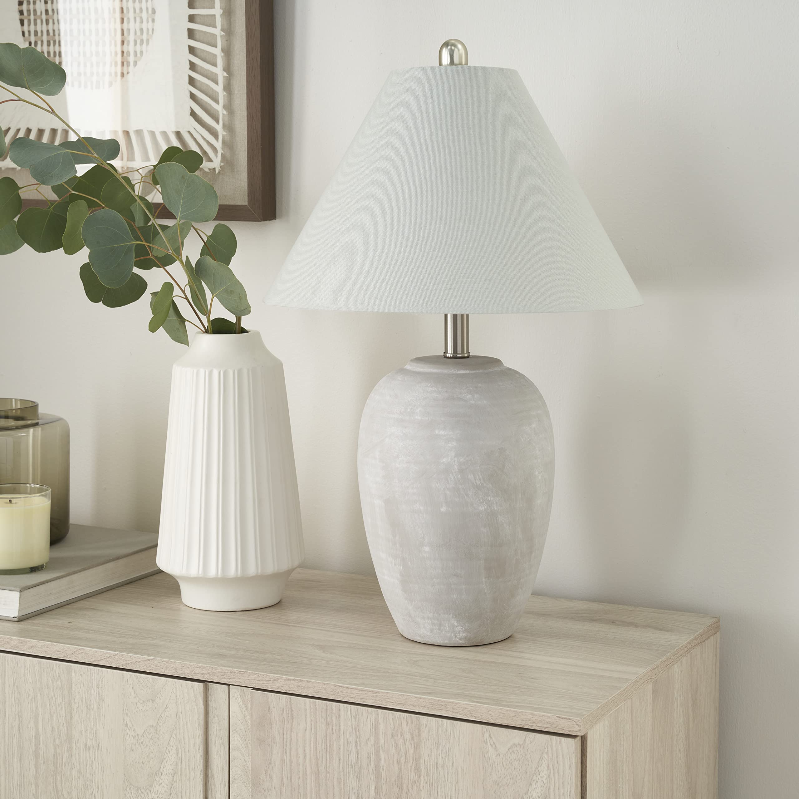 Nourison Home 23" Vintage Grey (White Washed) Ceramic Pot Table Lamp for Bedroom, Living Room, Dining, Office, with Grey Shade