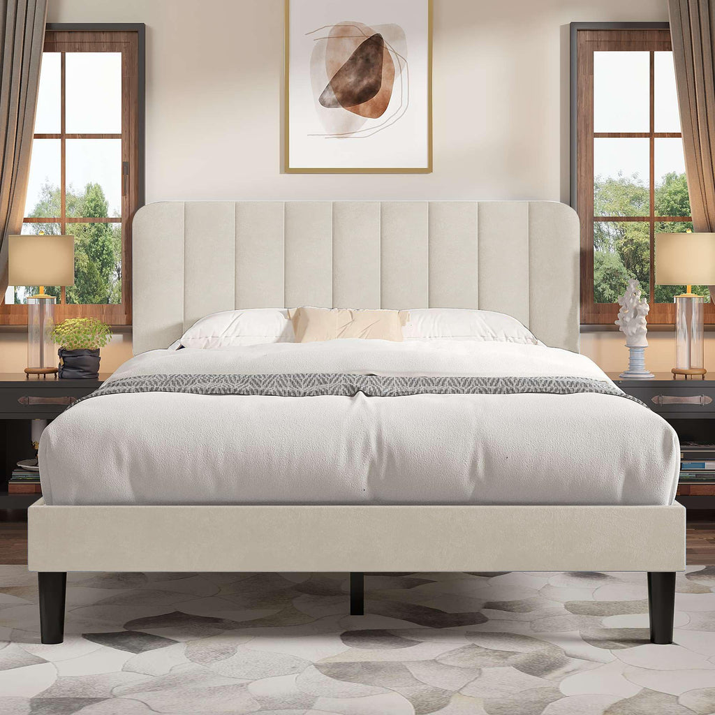 VECELO Queen Size Bed Frame with Upholstered Headboard, Velvet Platform Bedframe Mattress Foundation, Strong Wood Slat Support, No Box Spring Needed,Velvet Beige