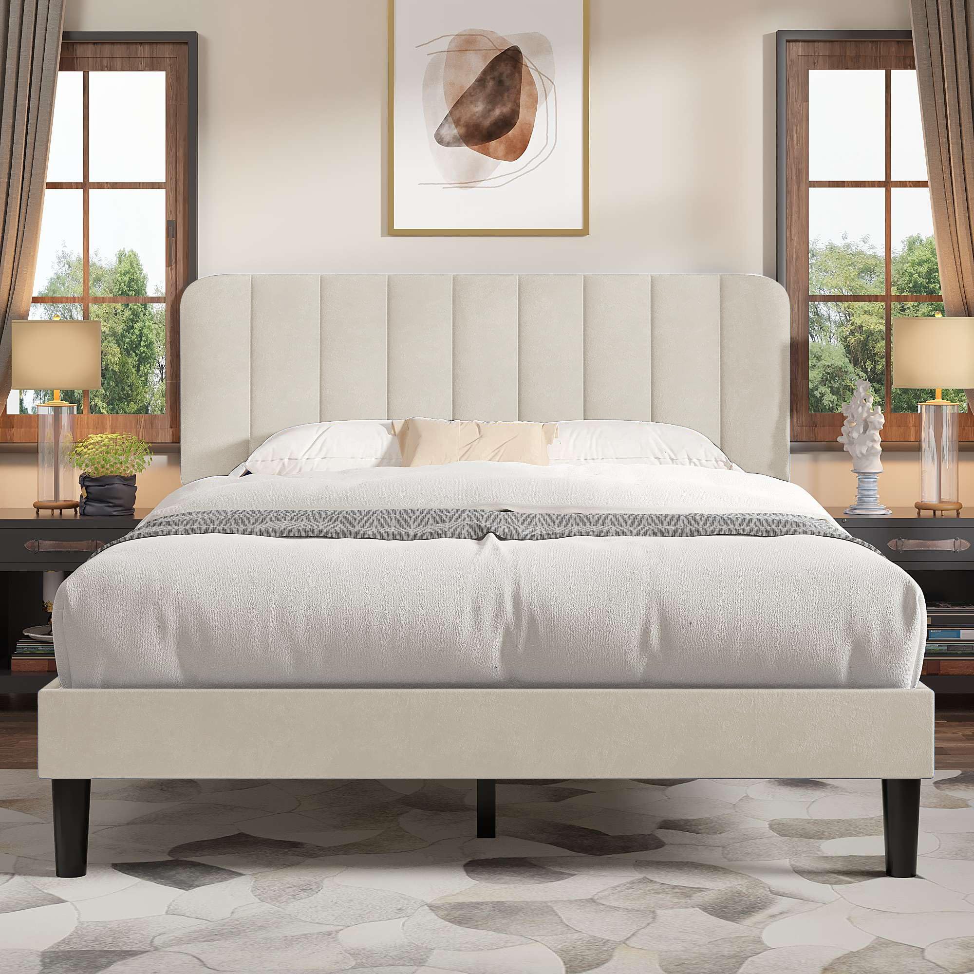 VECELO Queen Size Bed Frame with Upholstered Headboard, Velvet Platform Bedframe Mattress Foundation, Strong Wood Slat Support, No Box Spring Needed,Velvet Beige