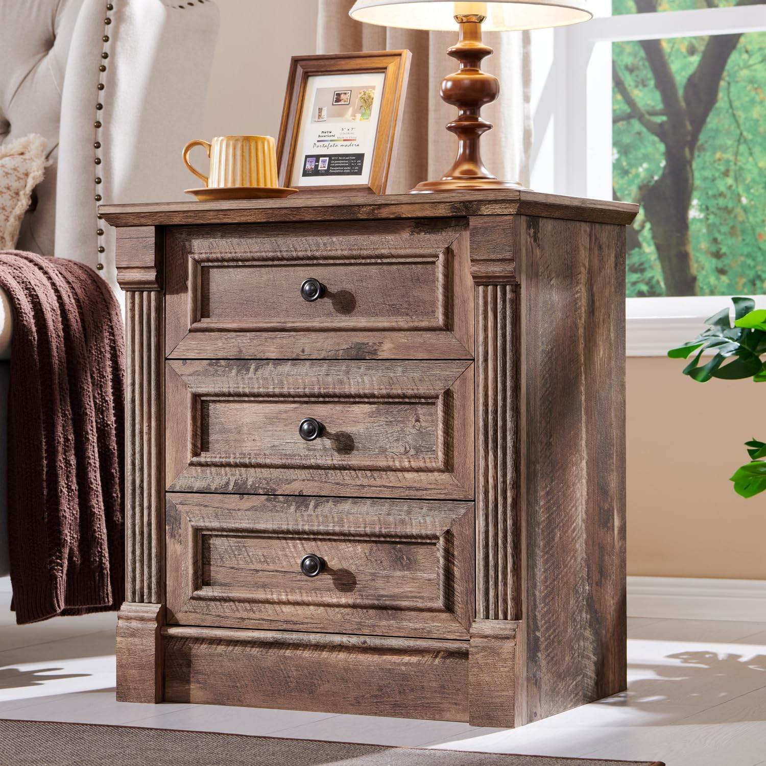 26" Tall Nightstand with Charging Station, Farmhouse 23.6" Wide Large End Table w/Roman Column, Wood Rustic Side Table w/Metal Handle, 3 Drawers Dresser for Bedroom, Living Room, White
