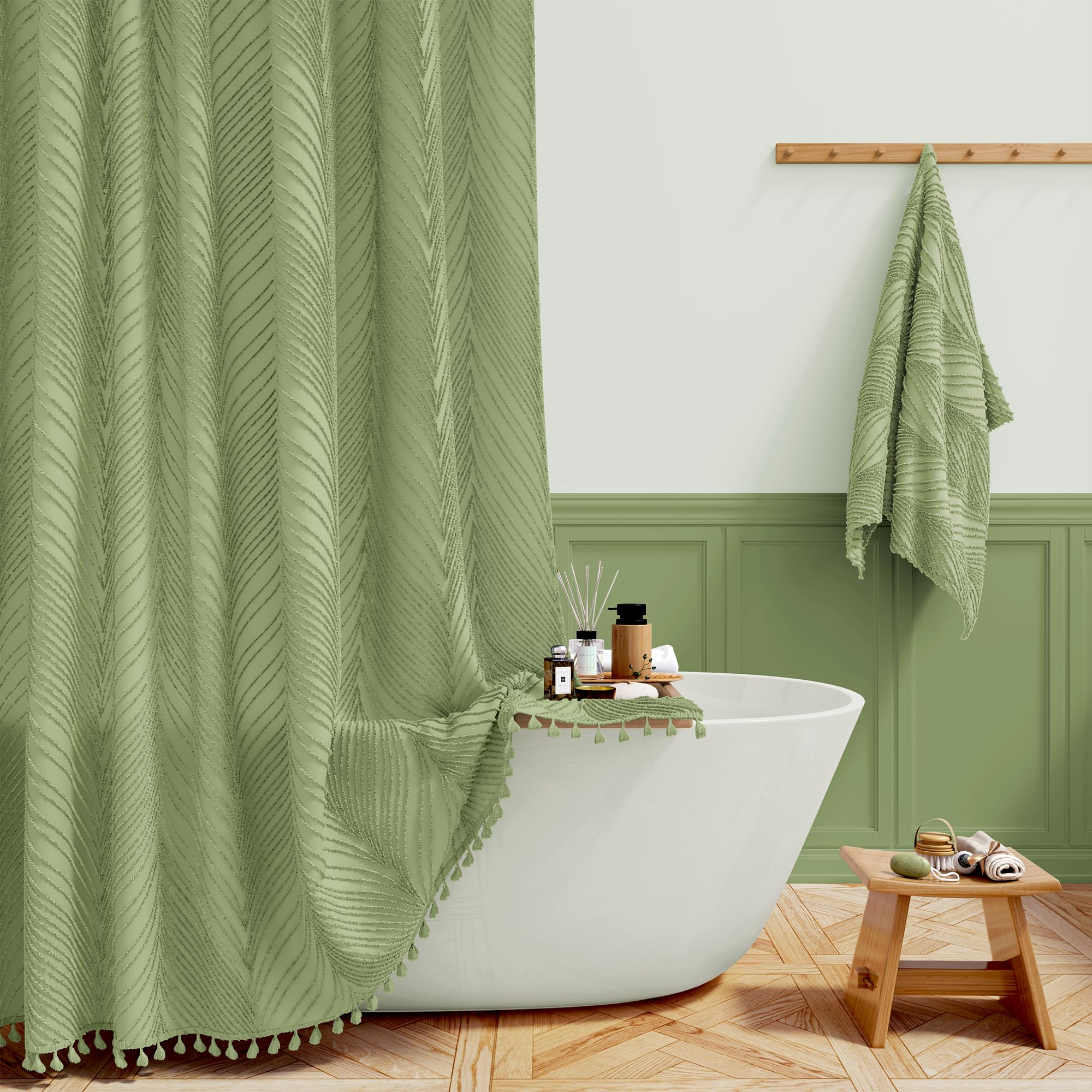 BTTN Stall Boho Shower Curtain - 36x72 Narrow Tufted Leaves Textured Striped Tassel Shower Curtain Set with 6 Hook, Water Repellent, Modern Farmhouse Vintage Fabric Shower Curtains for bathroom, White
