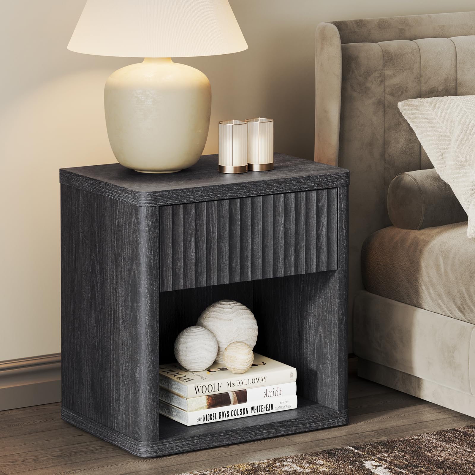 SICOTAS Night Stand Nightstand with Drawer Storage Fluted Bed Side Table End Table Large Modern Wide Bedside Stand Mid Century Night Stands for Bedroom Living Room Sofa Couch Home Office, White Alder