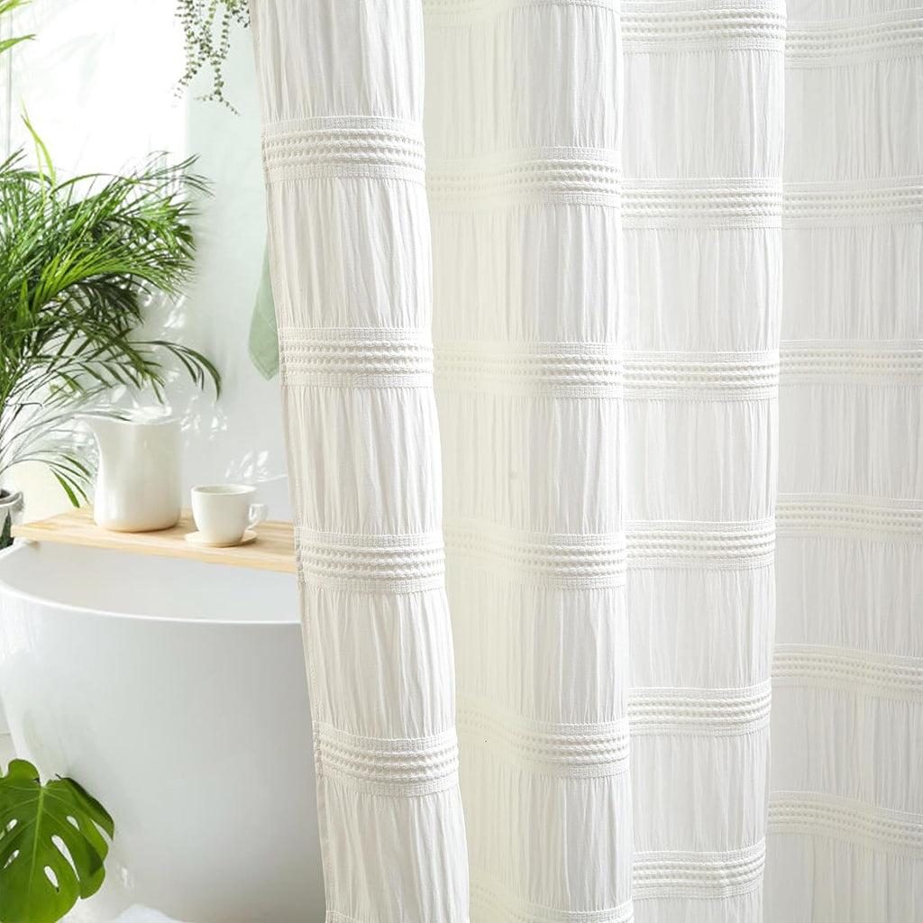 White Shower Curtain Fabric, White Textured Shower Curtain Boho Cotton Blend Striped Waffle Shower Curtains for Bathroom 72 x 72