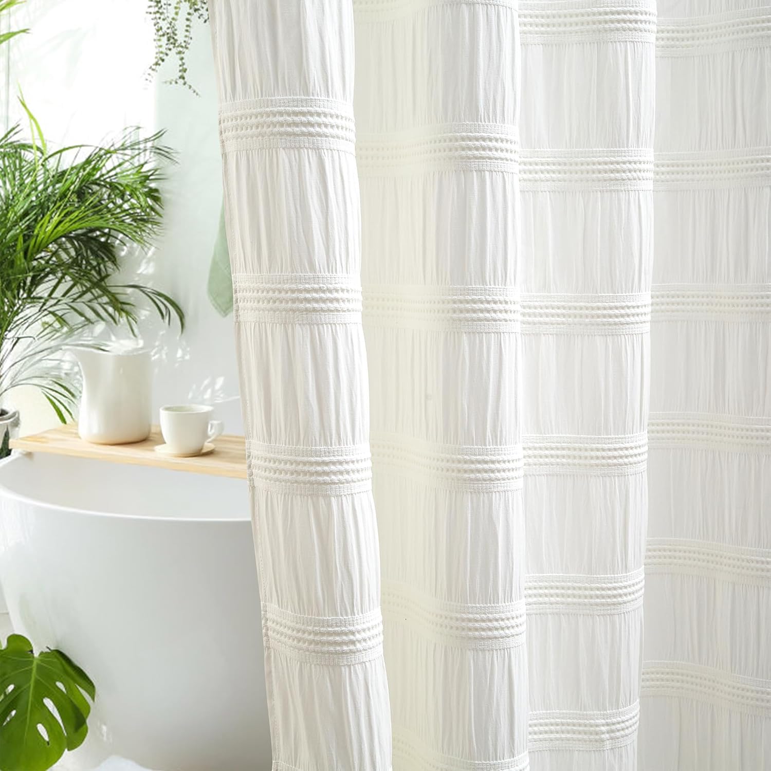 White Shower Curtain Fabric, White Textured Shower Curtain Boho Cotton Blend Striped Waffle Shower Curtains for Bathroom 72 x 72