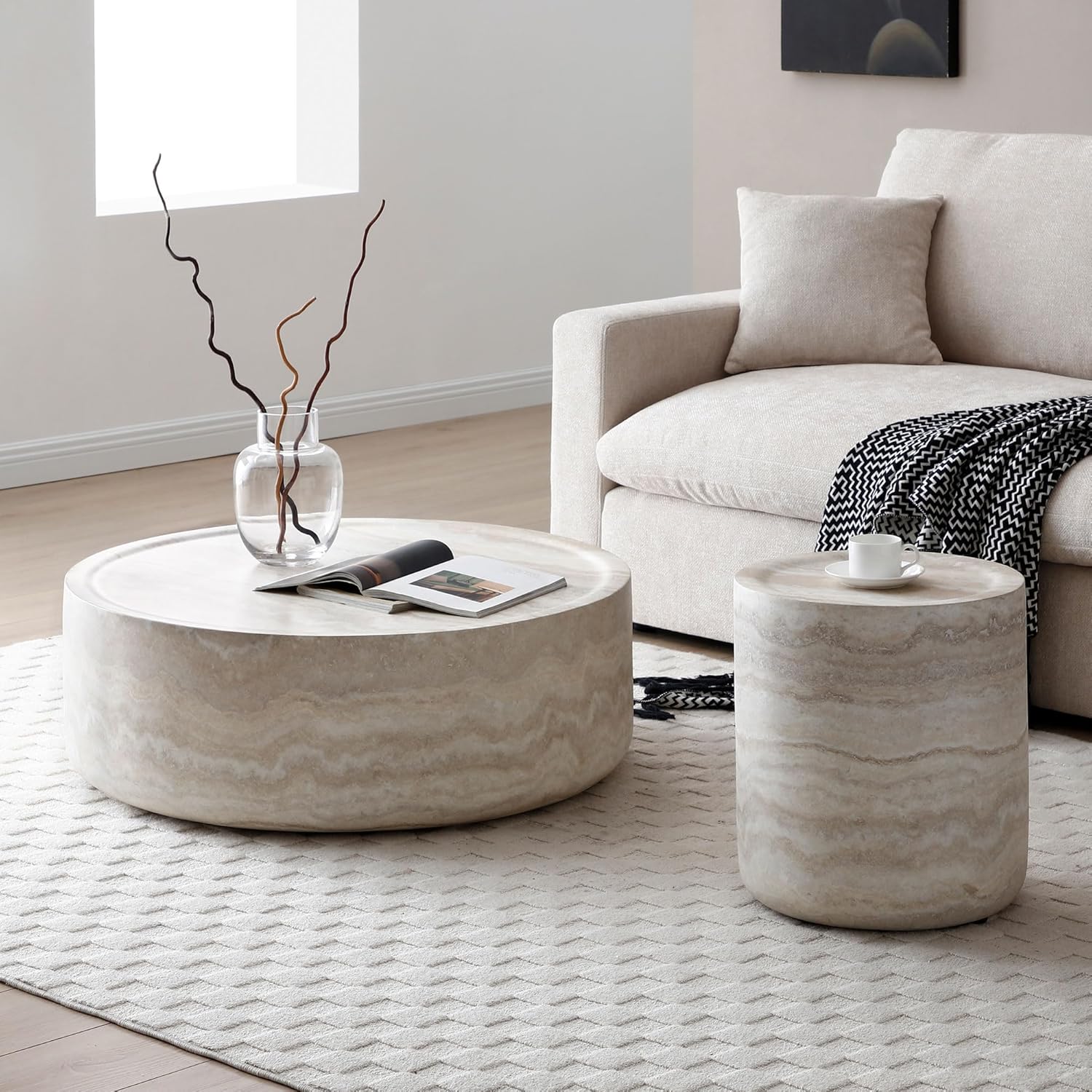 Round Coffee Table for Living Room Circle Coffee Table Modern Drum Center Table for Apartment, No Need Assembly (Fiberglass 31.49'' Mars Pattern)
