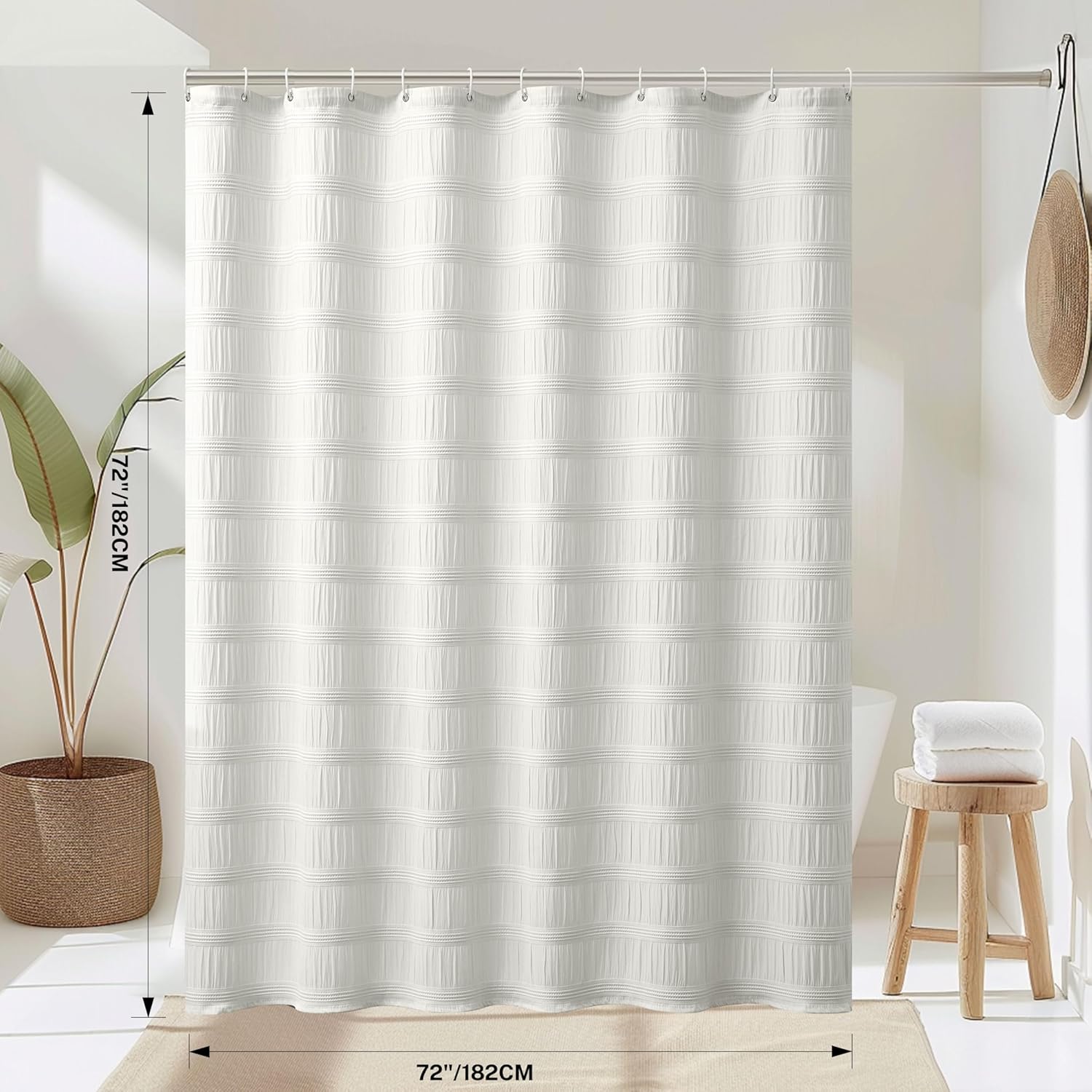 White Shower Curtain Fabric, White Textured Shower Curtain Boho Cotton Blend Striped Waffle Shower Curtains for Bathroom 72 x 72