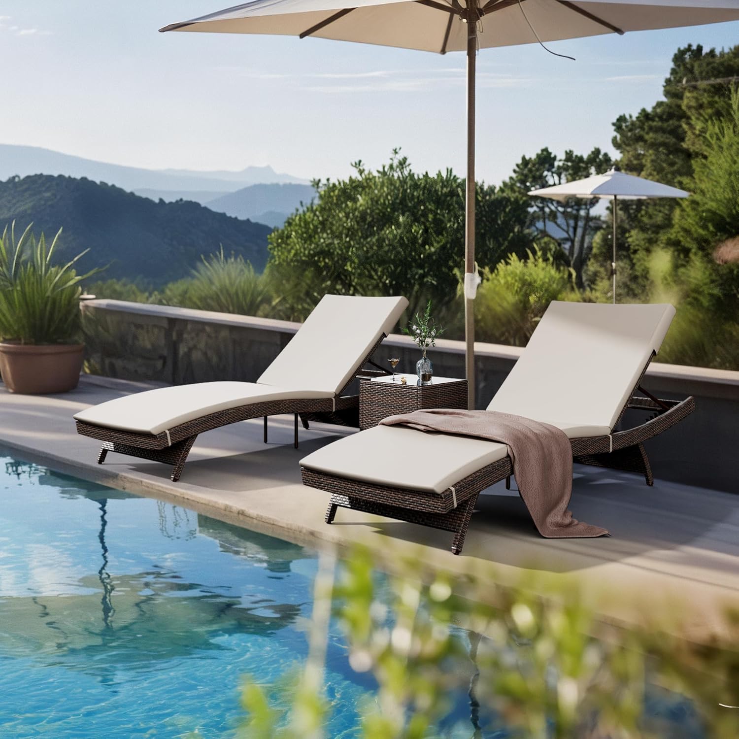 Pamapic Patio Chaise Lounge Set 3 Pieces with Adjustable Backrest and Removable Cushion, Outdoor Pool Chair for Patio Poolside Backyard Porch